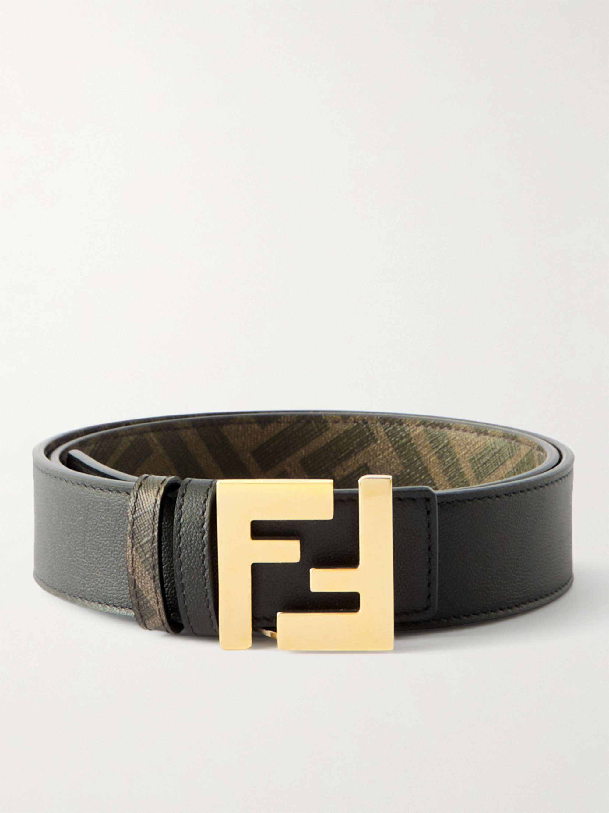 FENDI 3.5cm Reversible Leather and Logo-Print Canvas Belt
