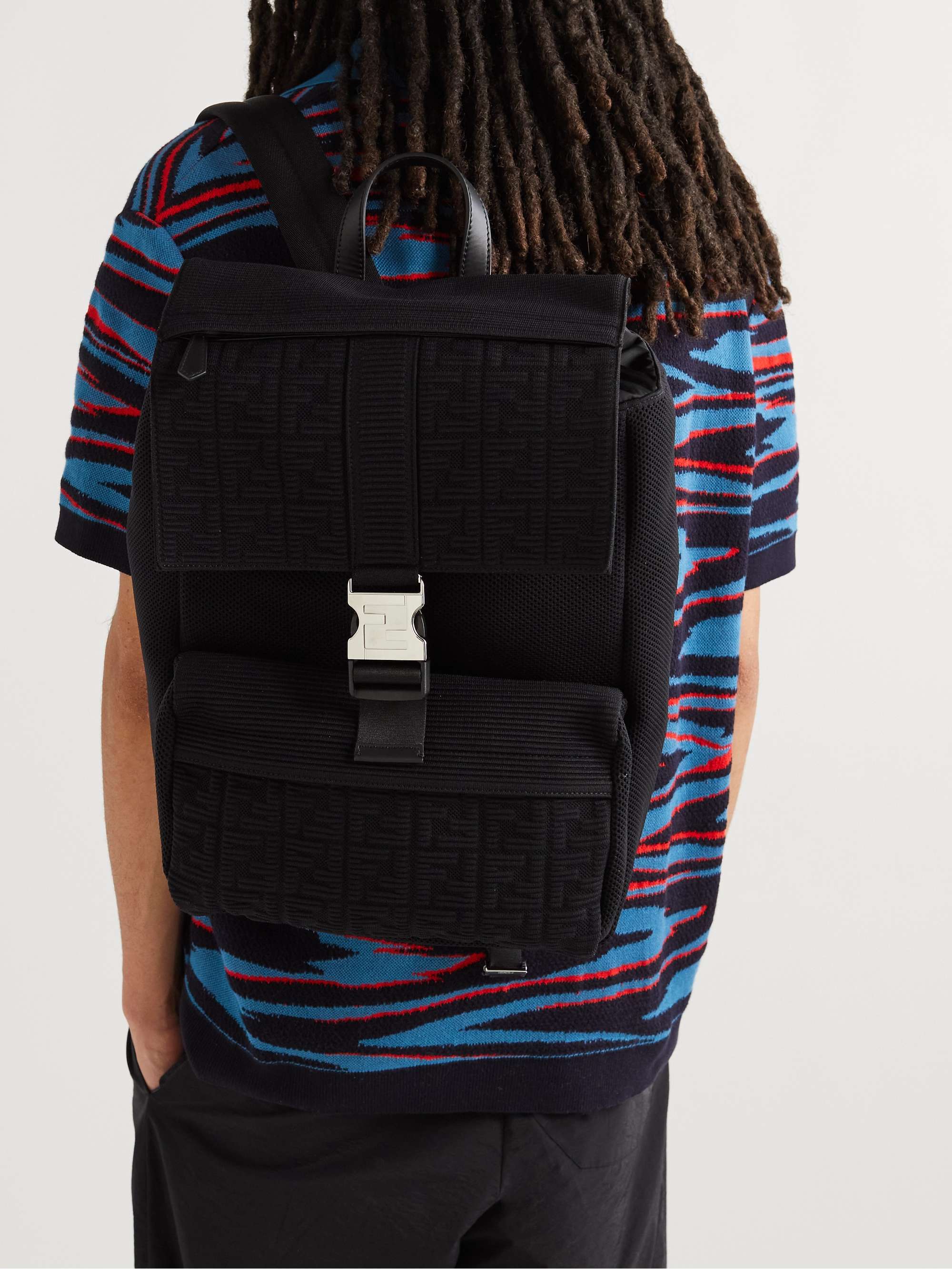 FENDI Leather-Trimmed Logo-Jacquard Canvas and Mesh Backpack