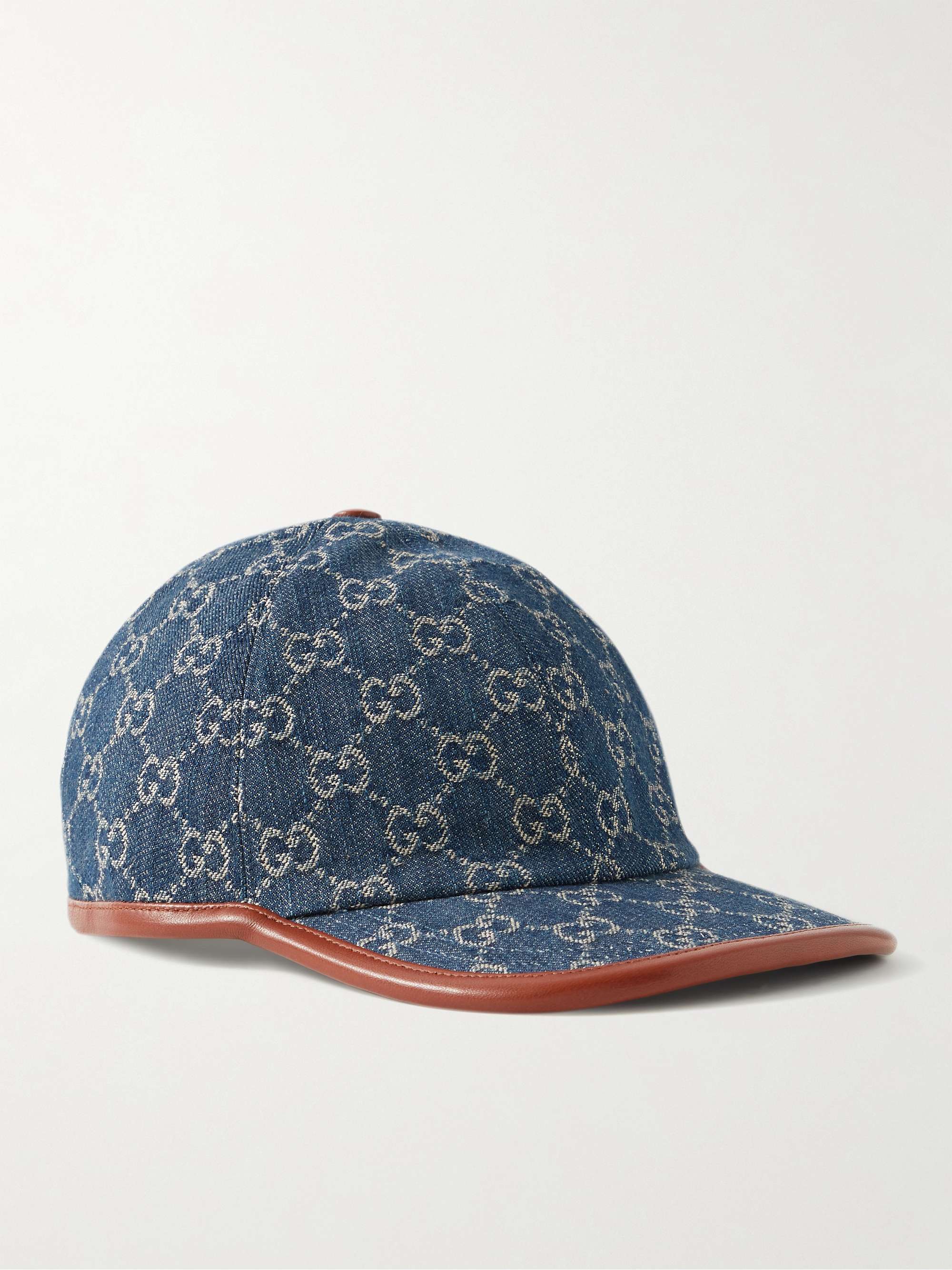 GUCCI Leather-Trimmed Logo-Jacquard Denim Baseball Cap