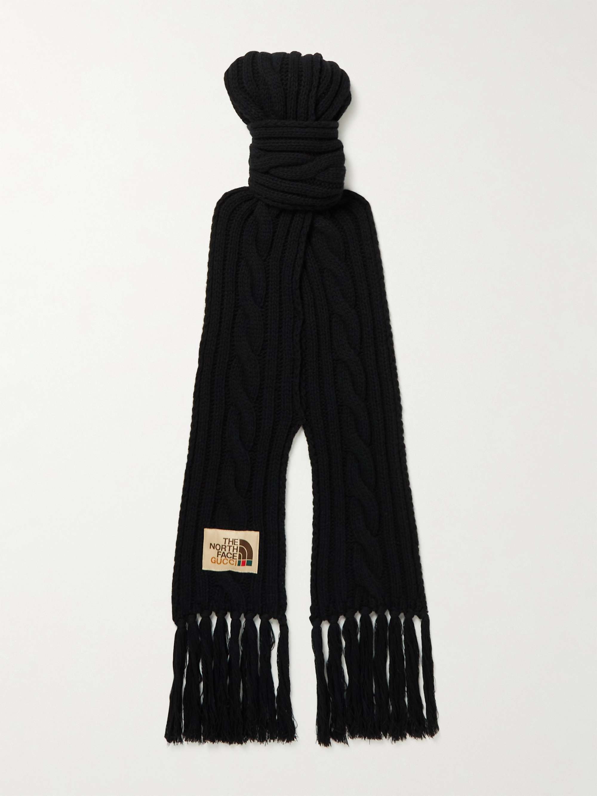 GUCCI + The North Face Fringed Cable-Knit Wool Scarf