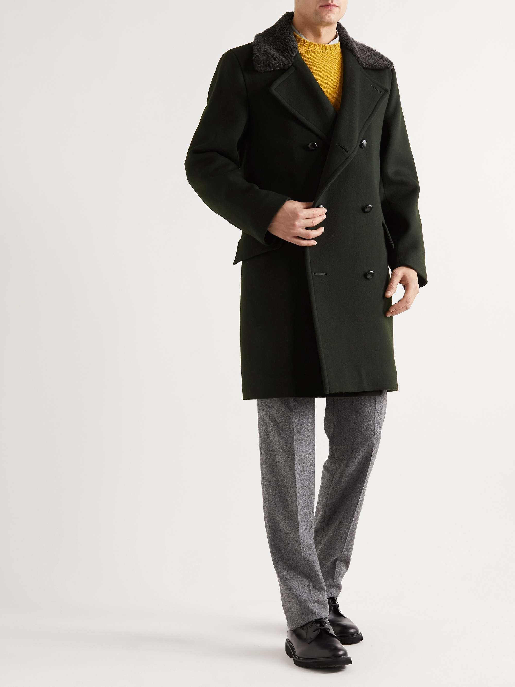KINGSMAN Conrad Double-Breasted Shearling-Trimmed Wool Overcoat