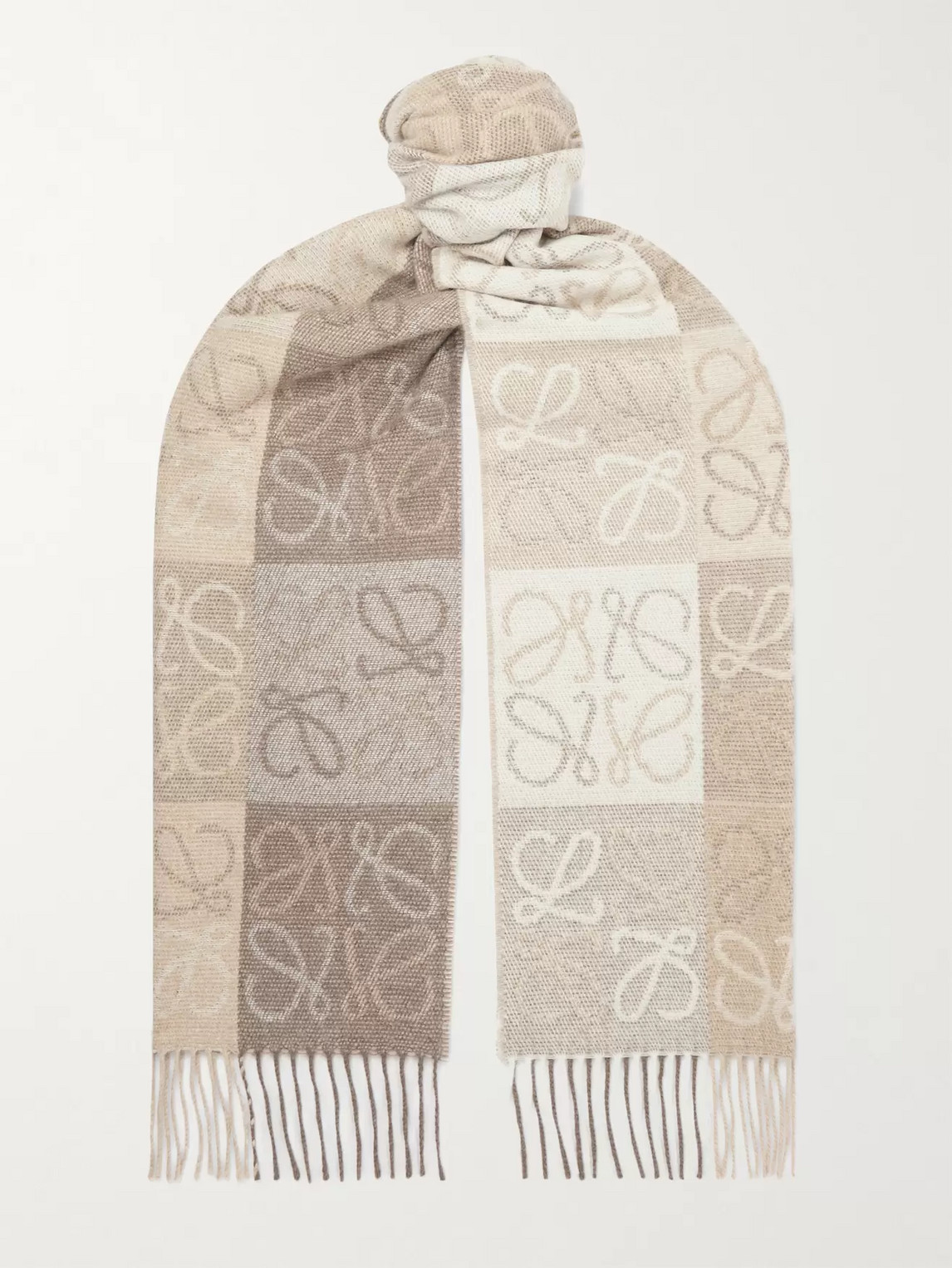 Loewe Logo-intarsia Fringed Wool And Cashmere-blend Scarf In Neutrals