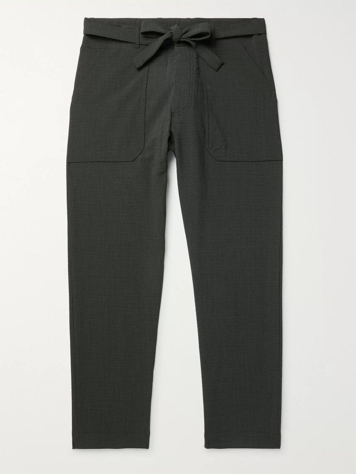 NANUSHKA RON SLIM-FIT BELTED CHECKED SEERSUCKER SUIT TROUSERS