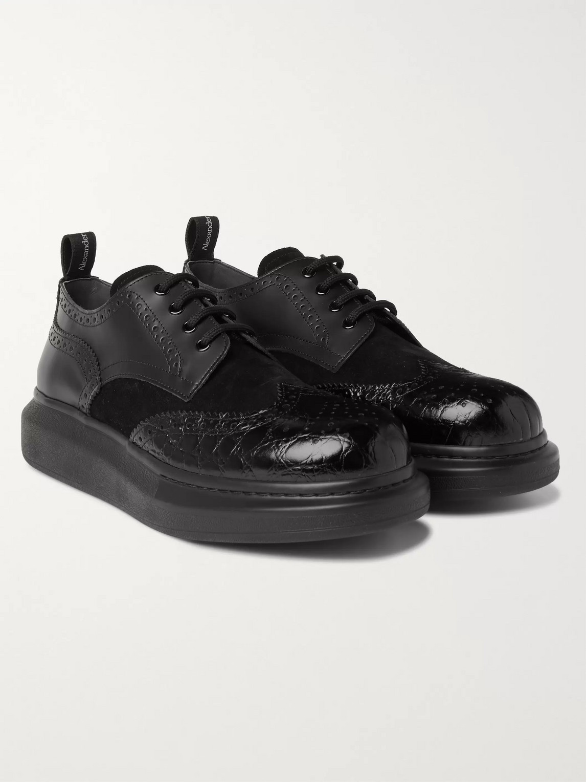 ALEXANDER MCQUEEN EXAGGERATED-SOLE SUEDE AND CROC-EFFECT LEATHER BROGUES