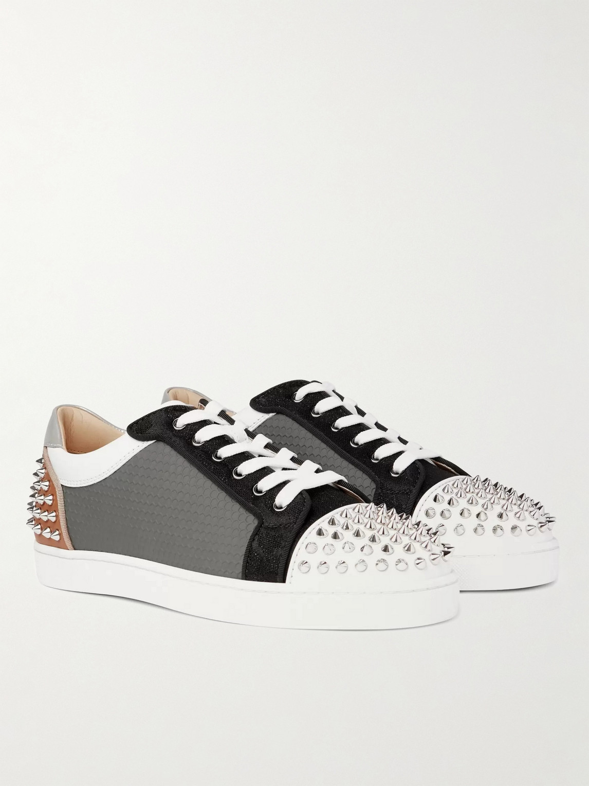 Christian Louboutin Sevaste Spiked Leather, Honeycomb Canvas And Mesh Trainers In Multi