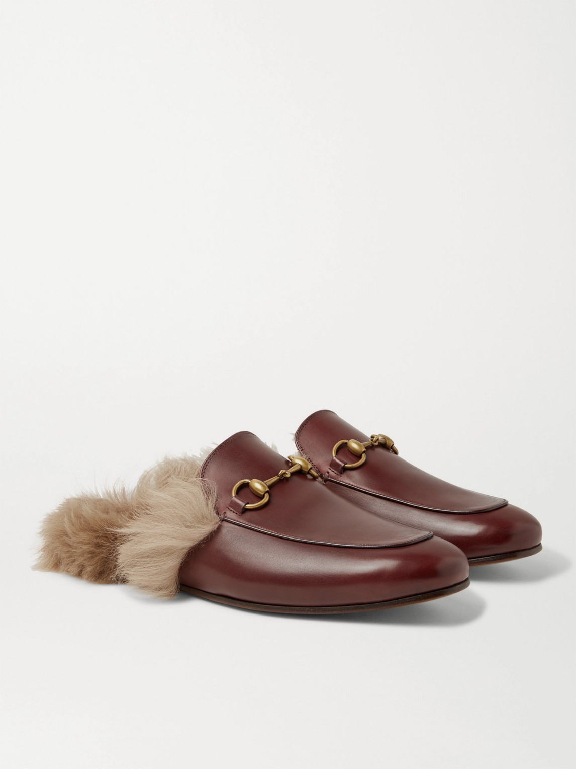 GUCCI PRINCETOWN HORSEBIT SHEARLING-LINED LEATHER BACKLESS LOAFERS