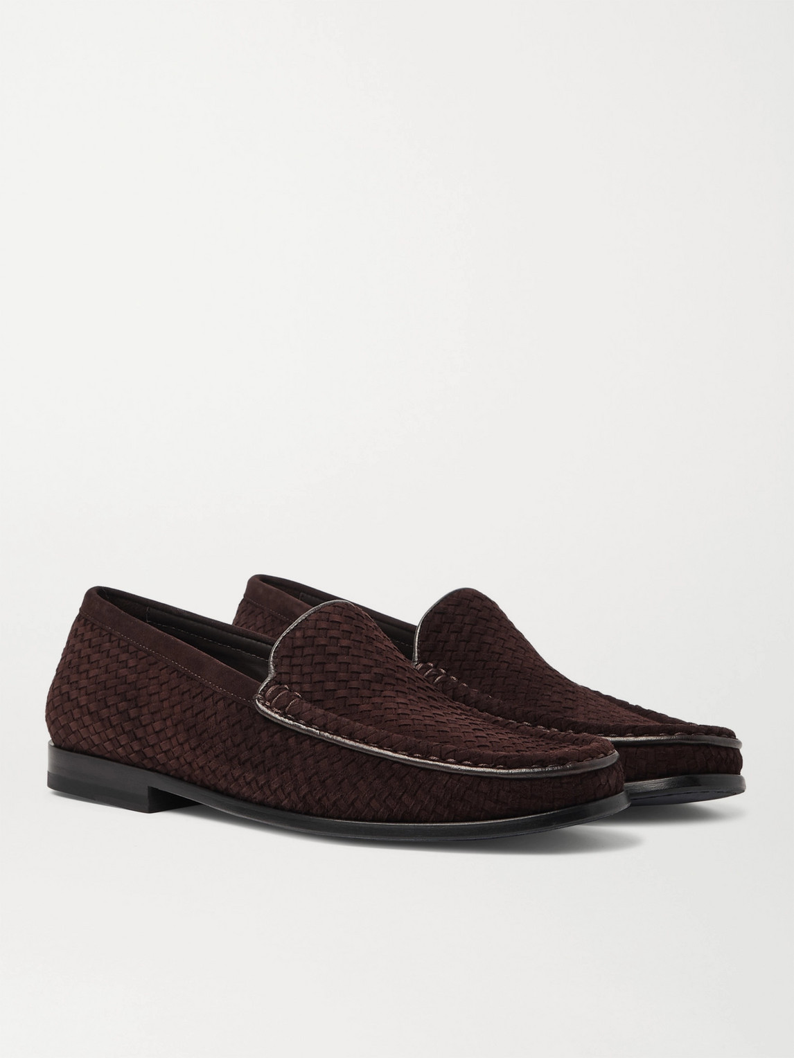 Jm Weston Collapsible-heel Leather-trimmed Woven Suede Loafers In Brown