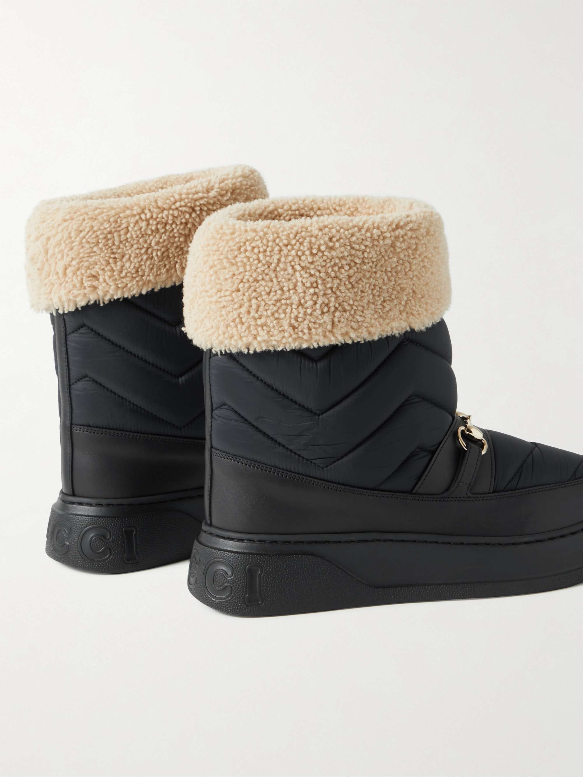 GUCCI Horsebit Shearling-Trimmed Quilted Nylon and Leather Boots