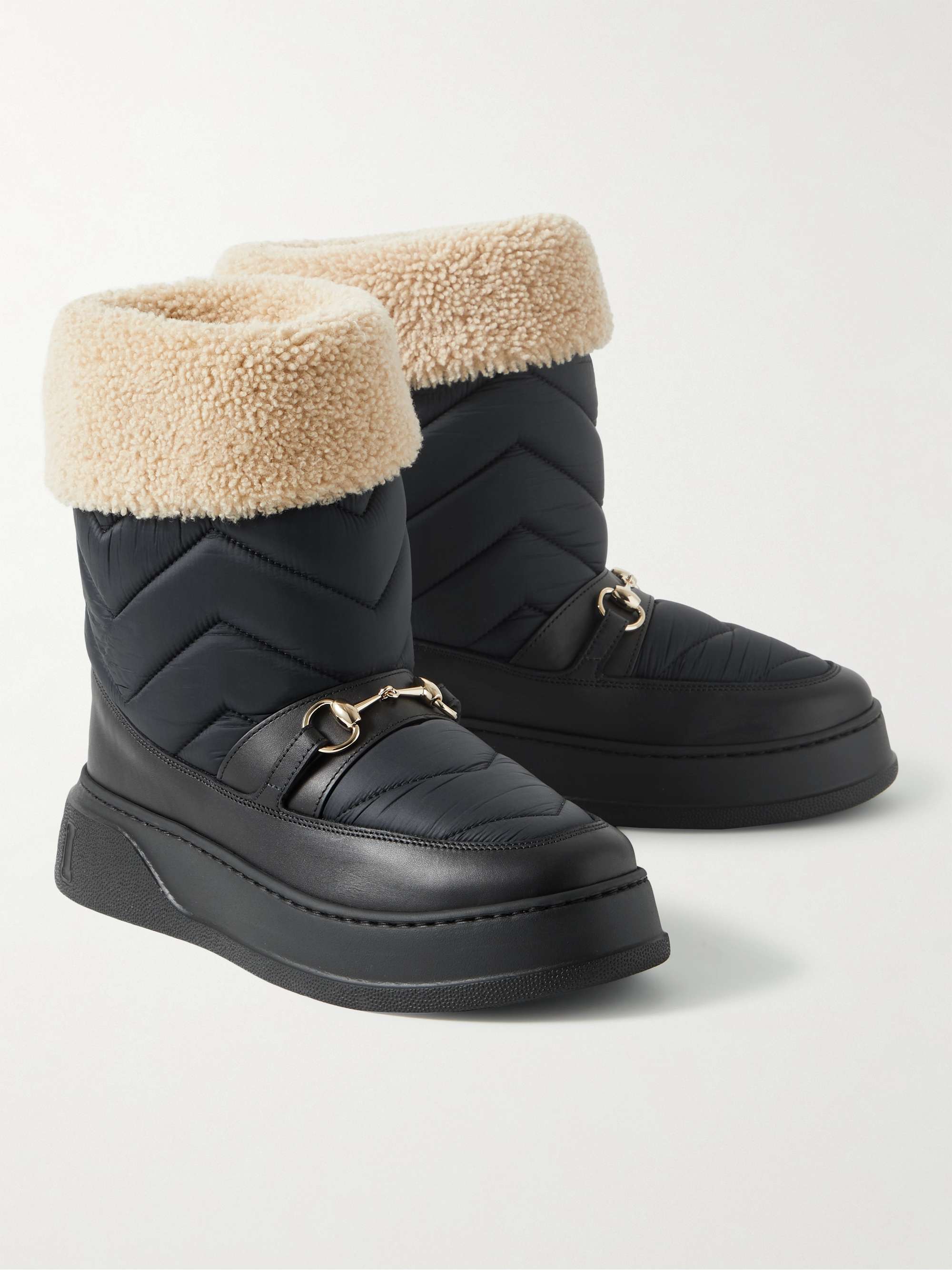 GUCCI Horsebit Shearling-Trimmed Quilted Nylon and Leather Boots