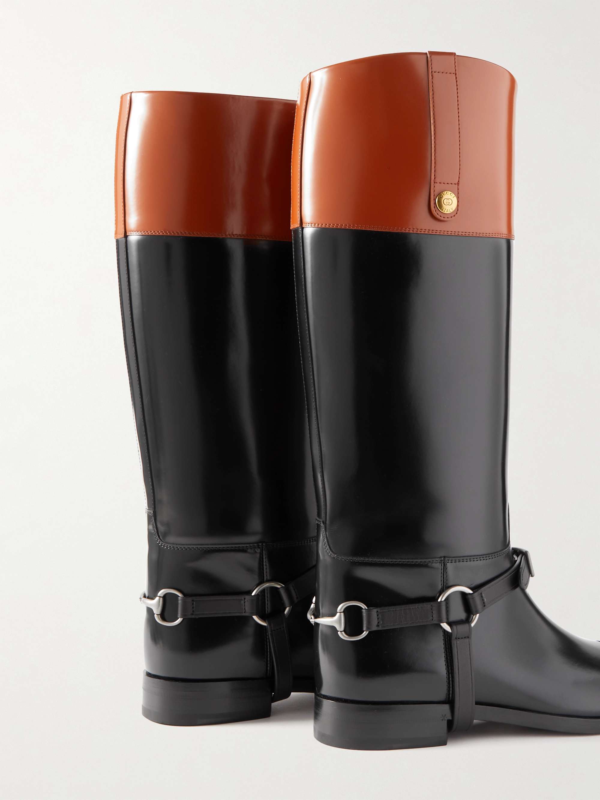 GUCCI Zelda Two-Tone Glossed-Leather Riding Boots