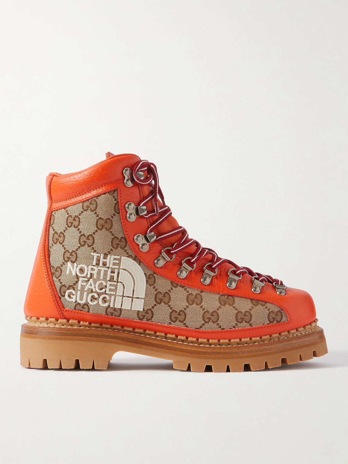 GUCCI THE NORTH FACE LOGO-EMBROIDERED MONOGRAMMED CANVAS AND LEATHER HIKING BOOTS