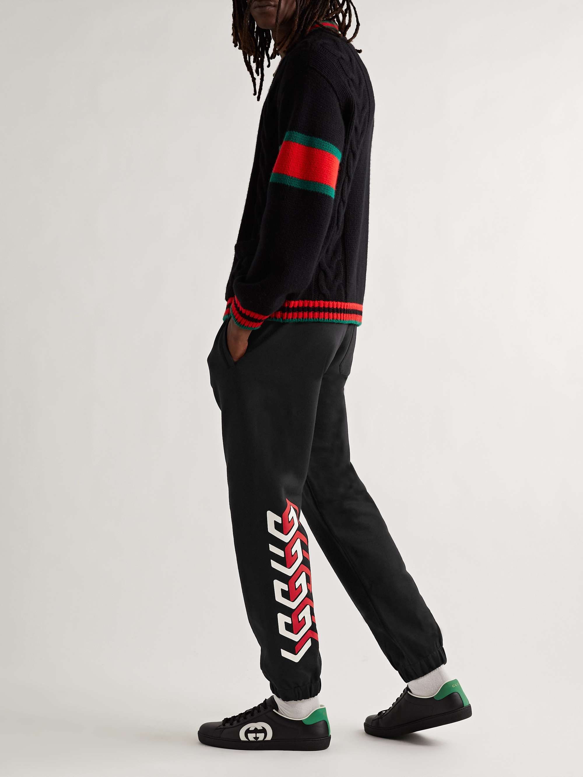 Black Tapered Logo-Print Cotton-Jersey Sweatpants | GUCCI | MR PORTER