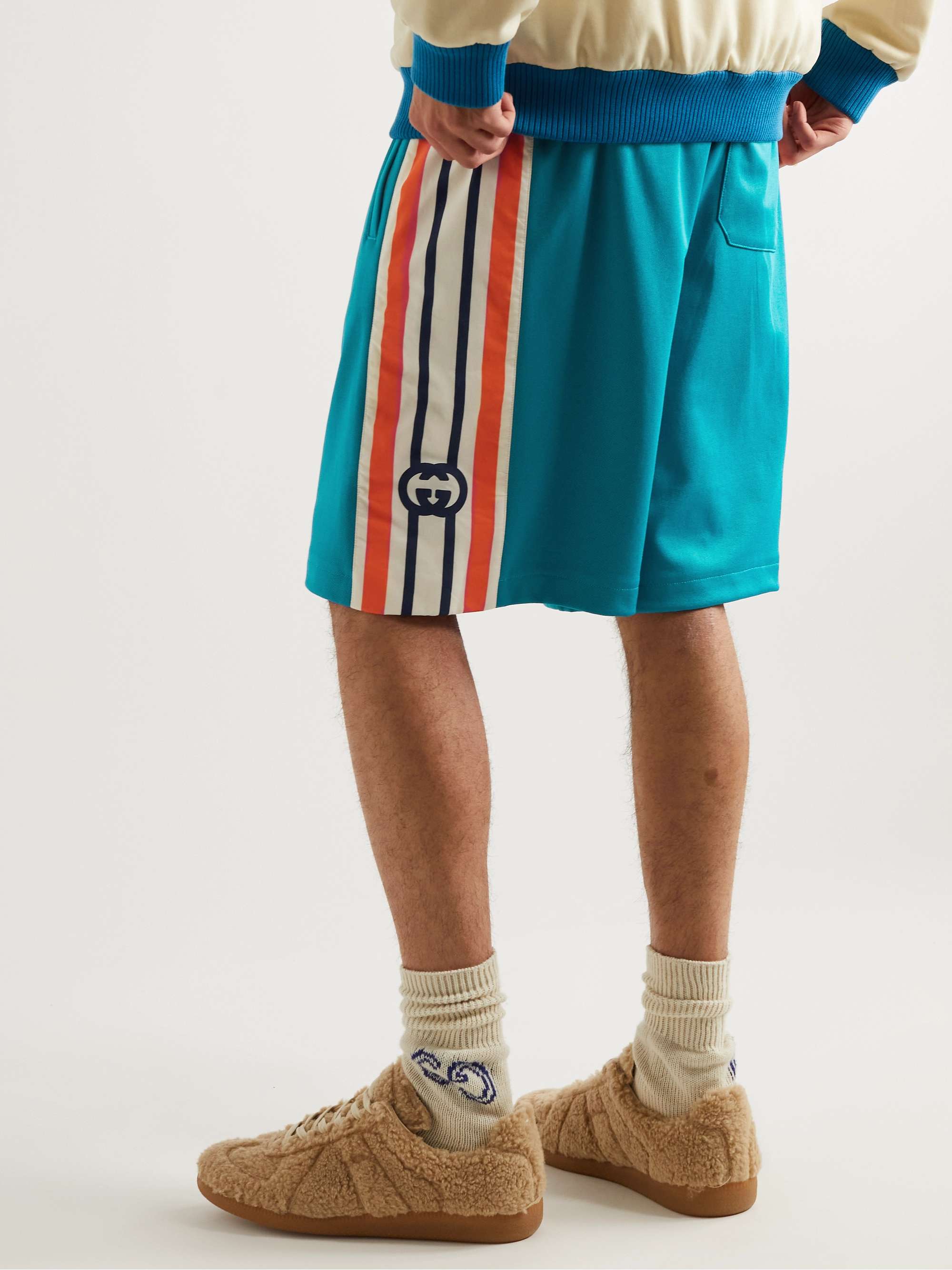 GUCCI Wide-Leg Striped Canvas-Trimmed Tech-Jersey Drawstring Shorts