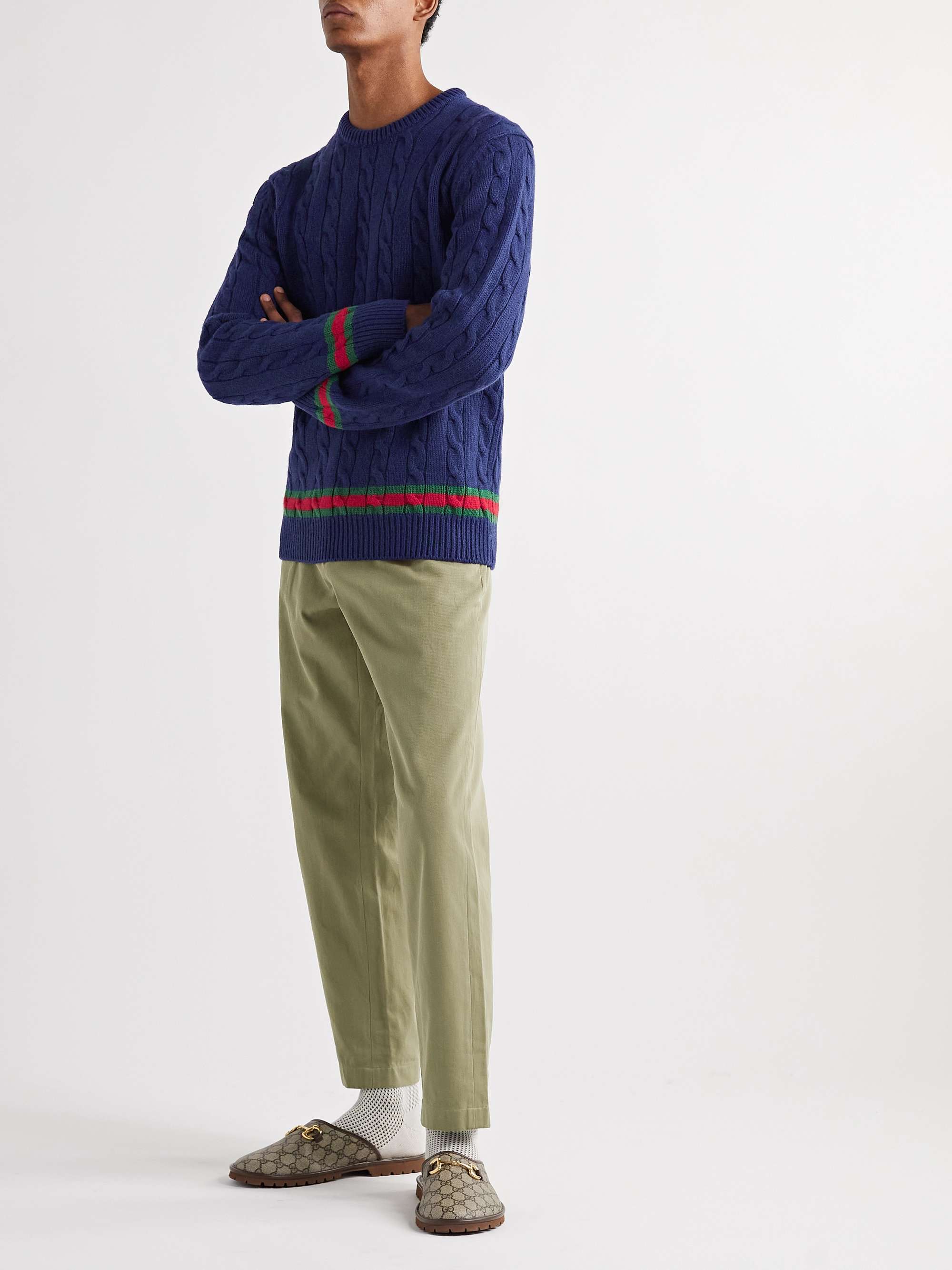 GUCCI Stripe-Trimmed Cable-Knit Cashmere and Wool-Blend Sweater
