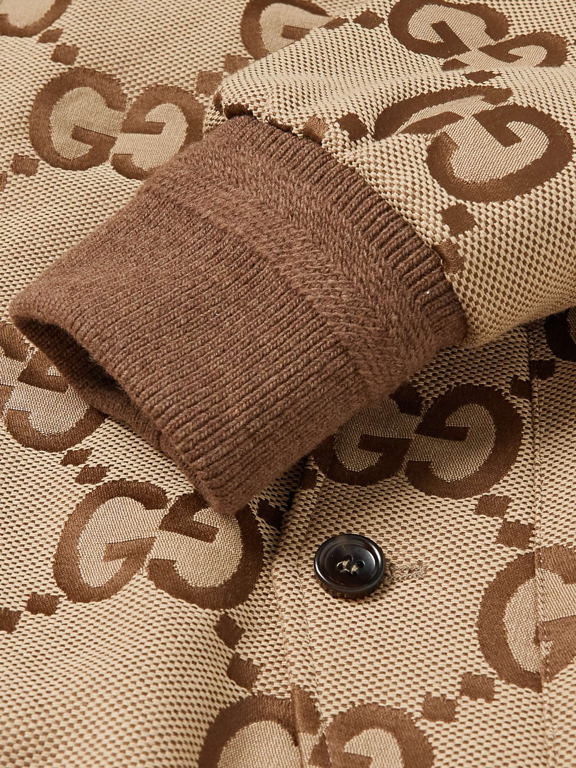 GUCCI Logo-Jacquard Leather-Trimmed Cotton-Blend Canvas Bomber Jacket
