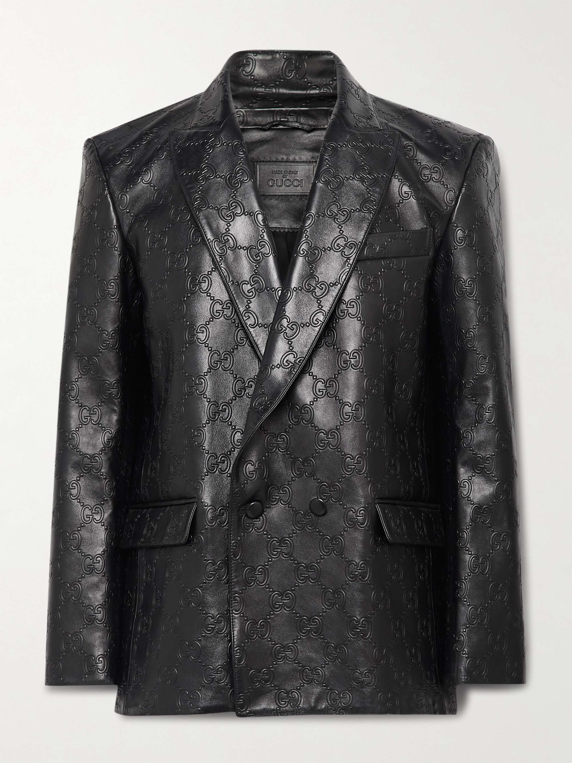GUCCI Double-Breasted Logo-Embossed Leather Blazer