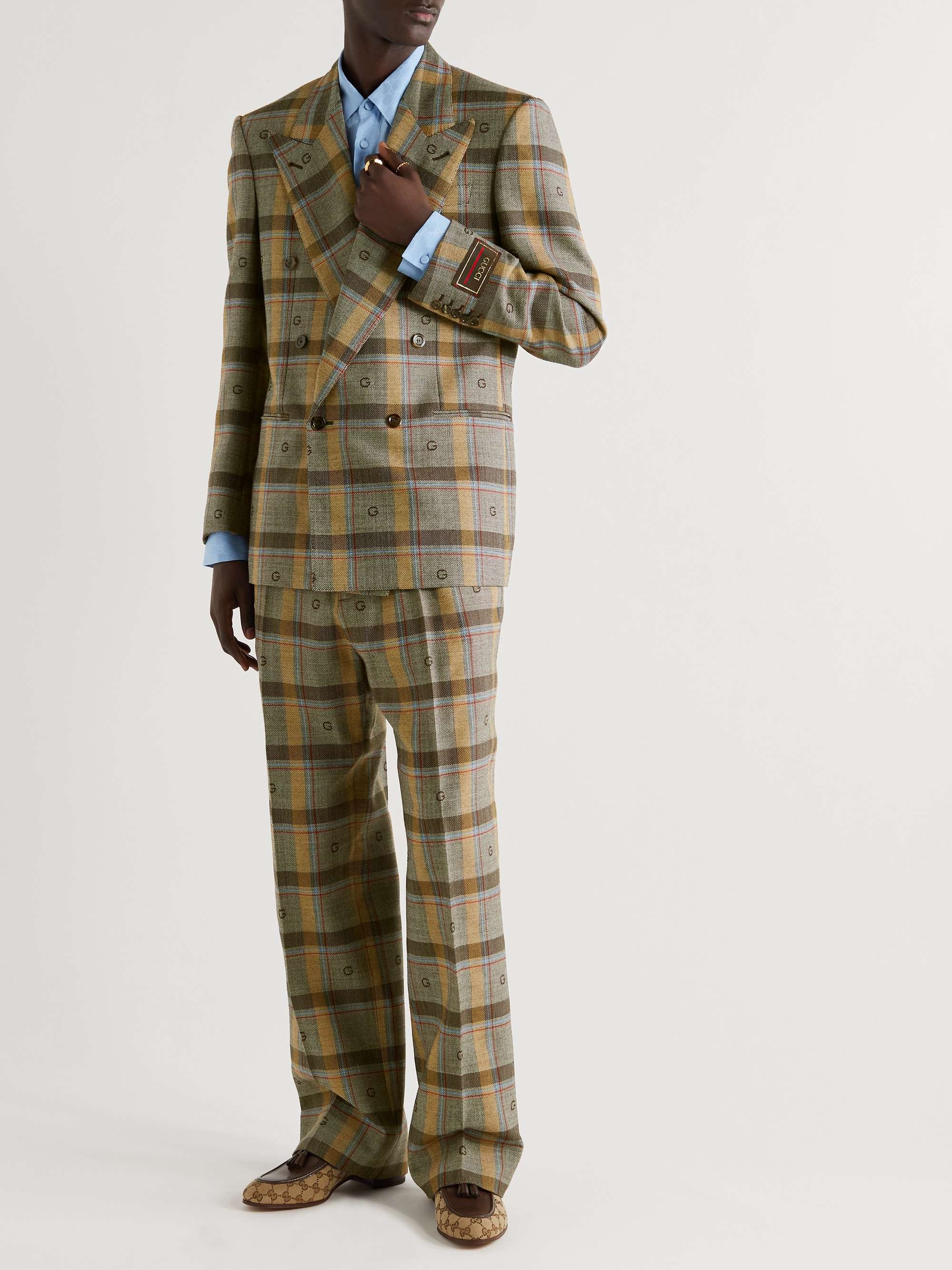 GUCCI Wide-Leg Logo-Embroidered Checked Wool Suit Trousers