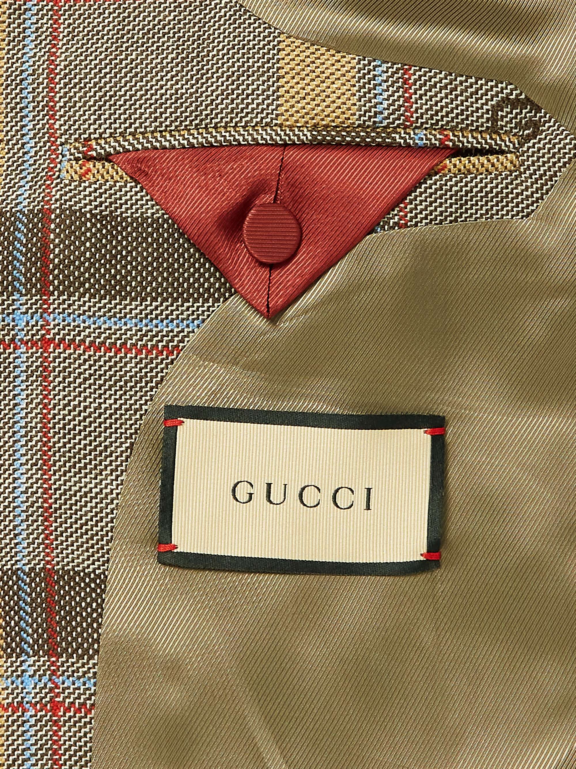 GUCCI Double-Breasted Logo-Embroidered Checked Wool Suit Jacket