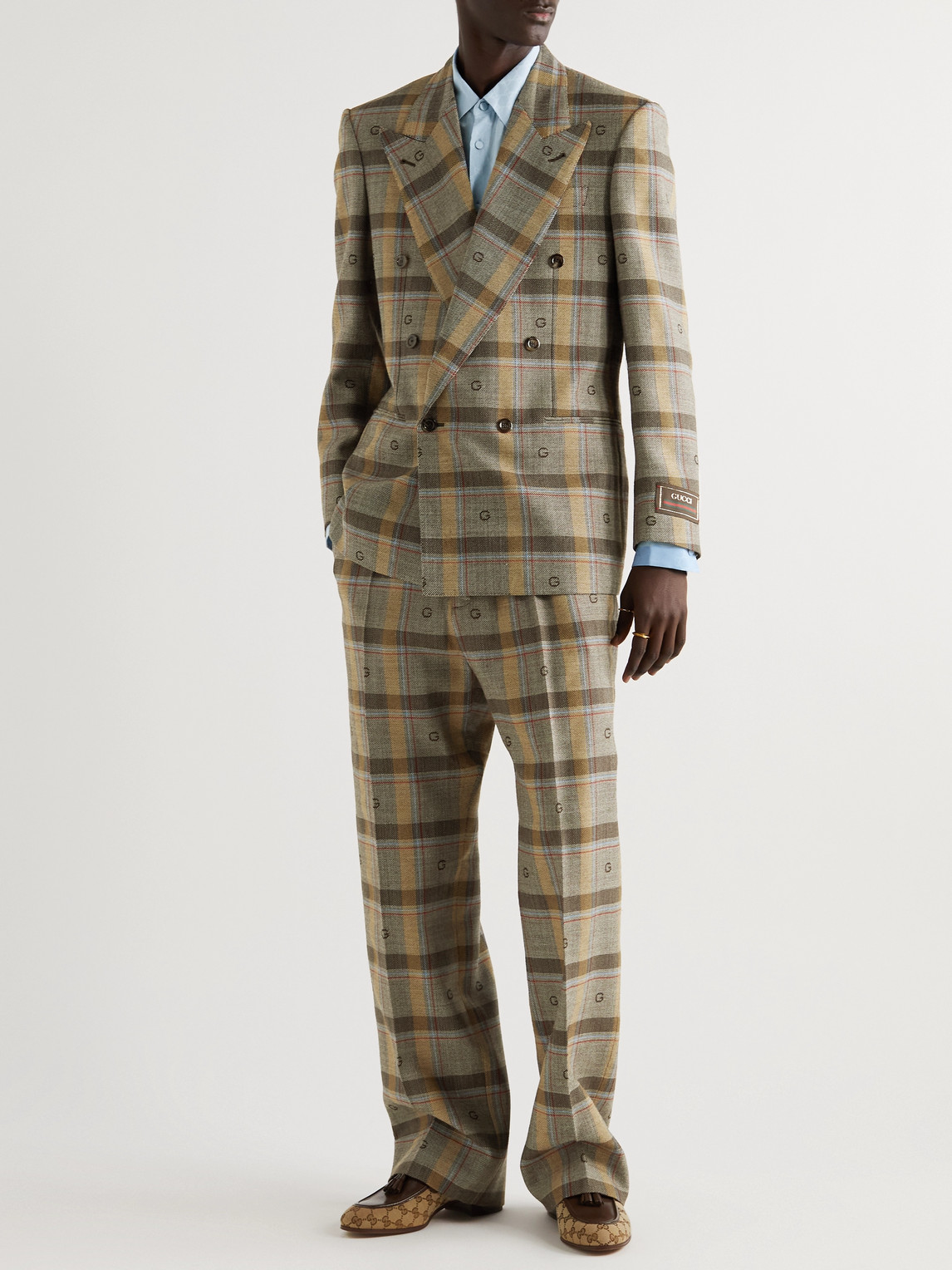 Double-Breasted Logo-Embroidered Checked Wool Suit Jacket