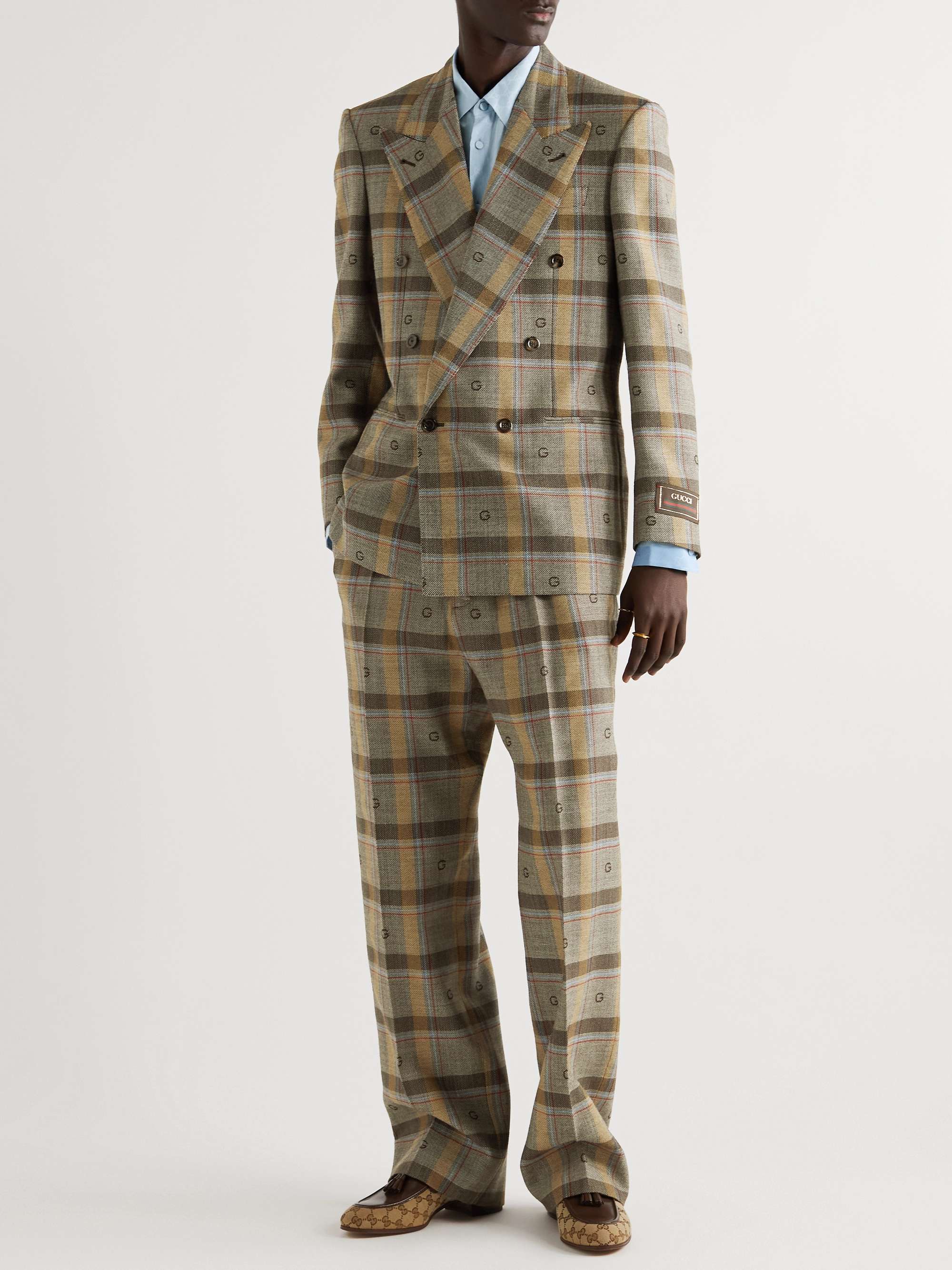 GUCCI Double-Breasted Logo-Embroidered Checked Wool Suit Jacket