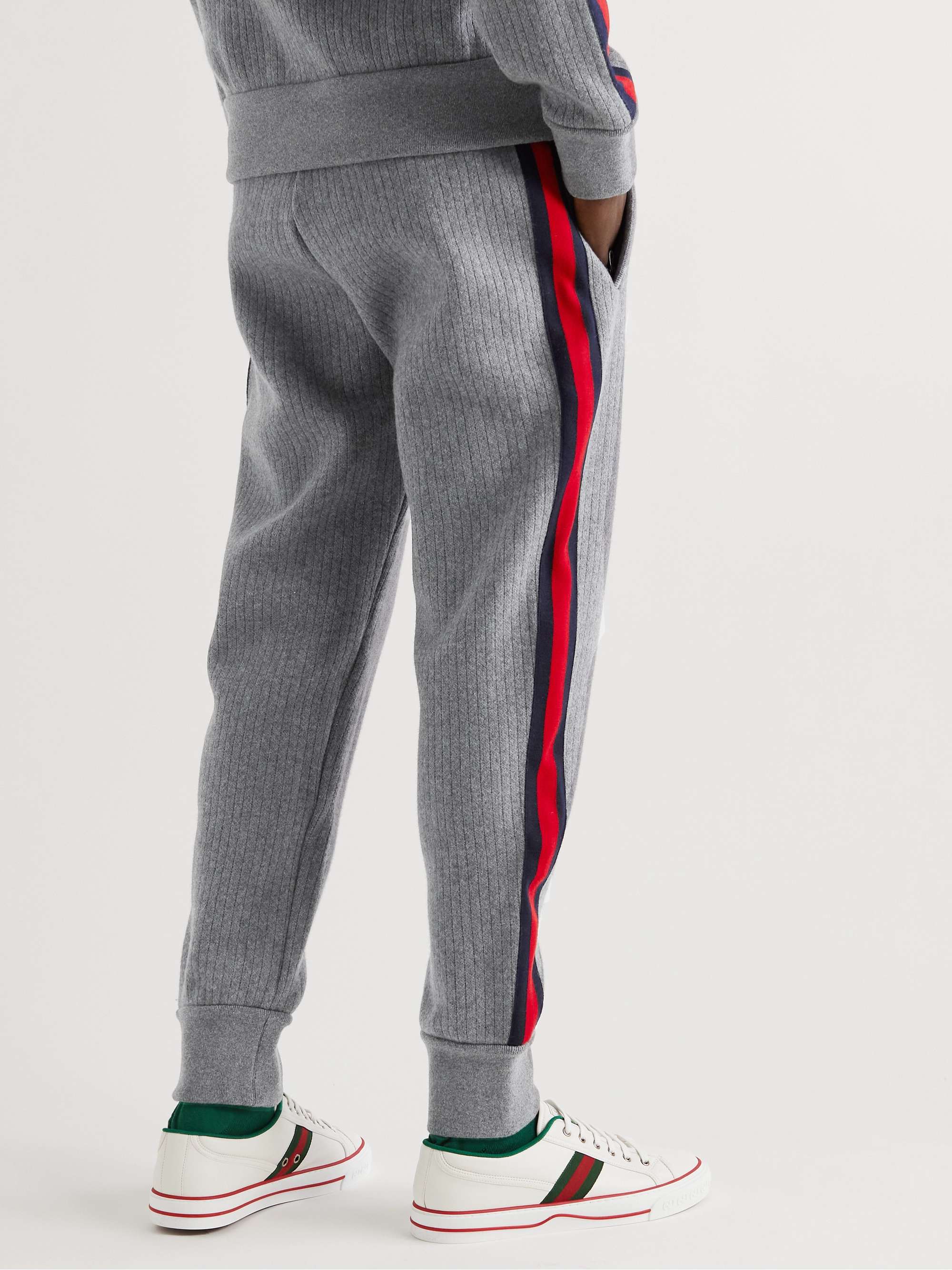 GUCCI Tapered Webbing-Trimmed Ribbed Wool and Cashmere-Blend Sweatpants