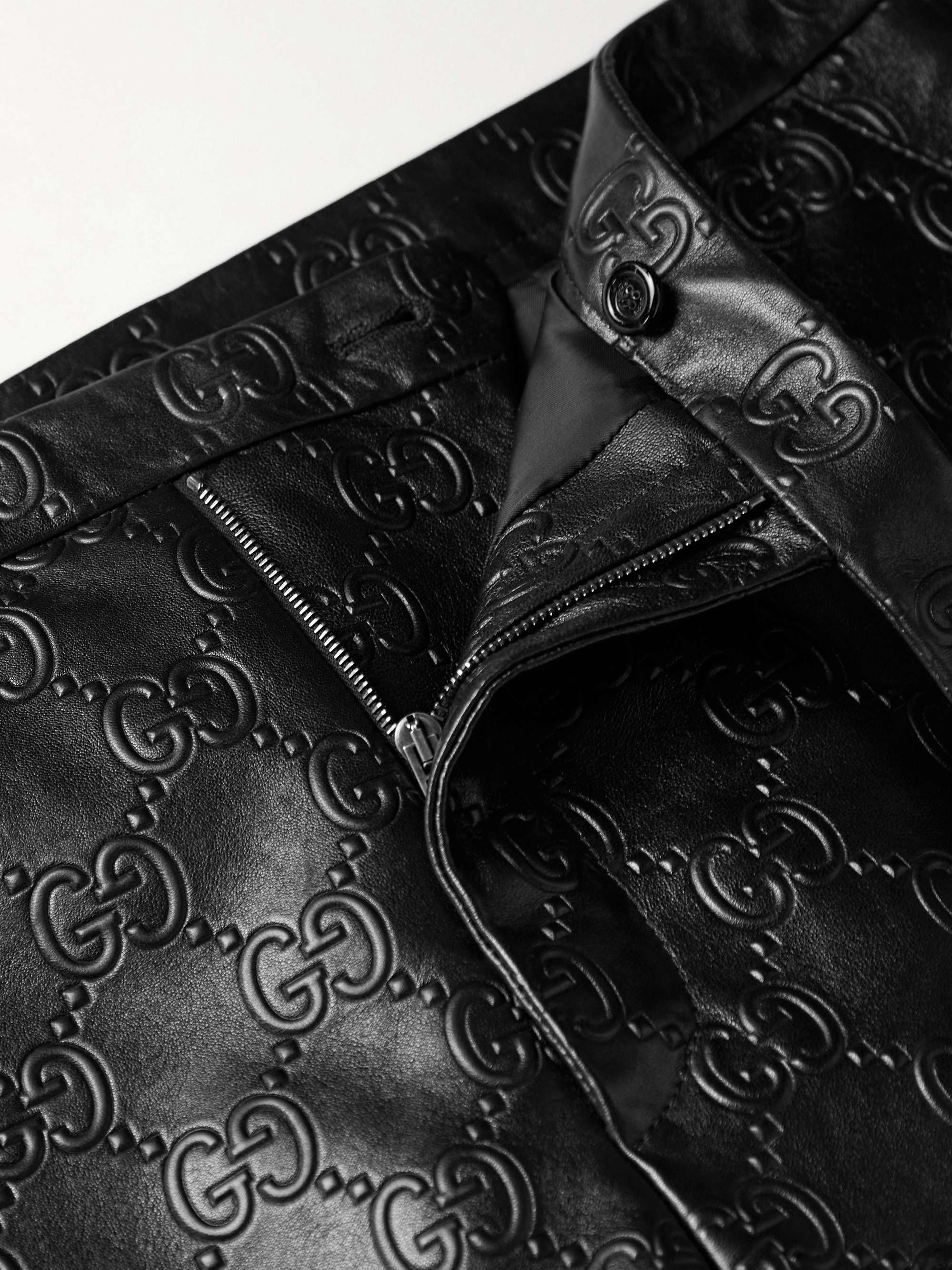 GUCCI Straight-Leg Logo-Embossed Leather Trousers