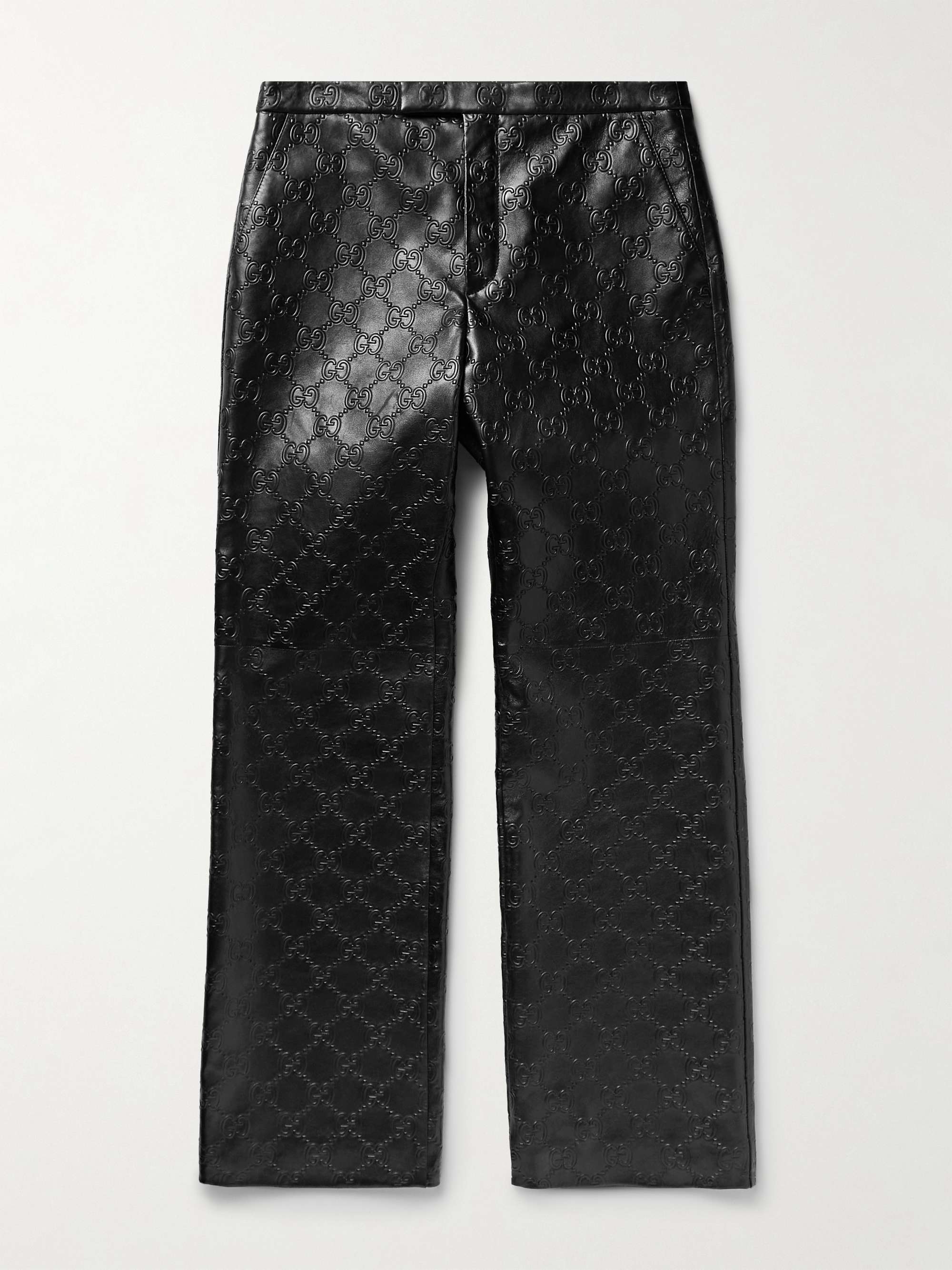GUCCI Straight-Leg Logo-Embossed Leather Trousers