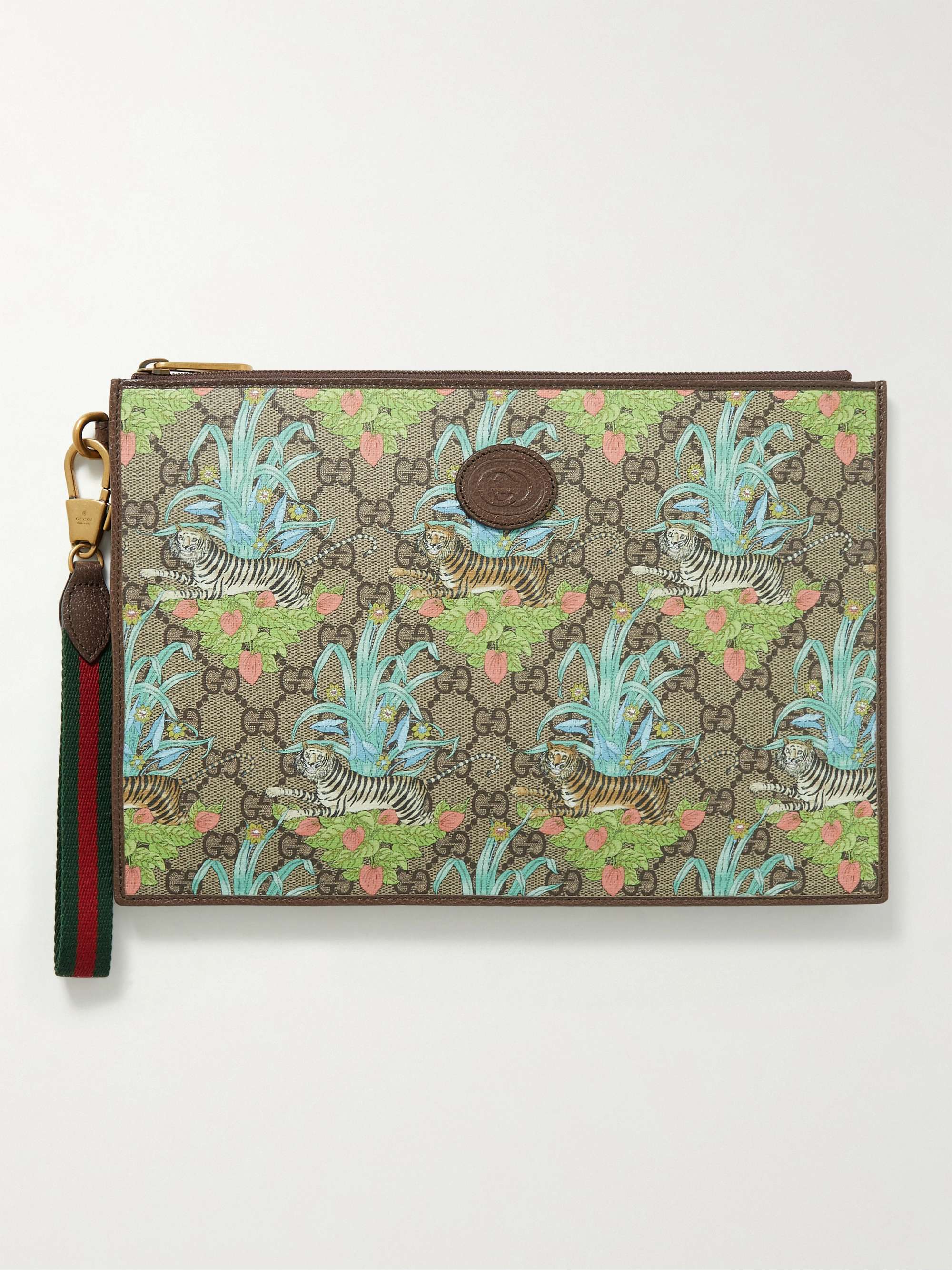 GUCCI Leather-Trimmed Printed Monogrammed Coated-Canvas Pouch
