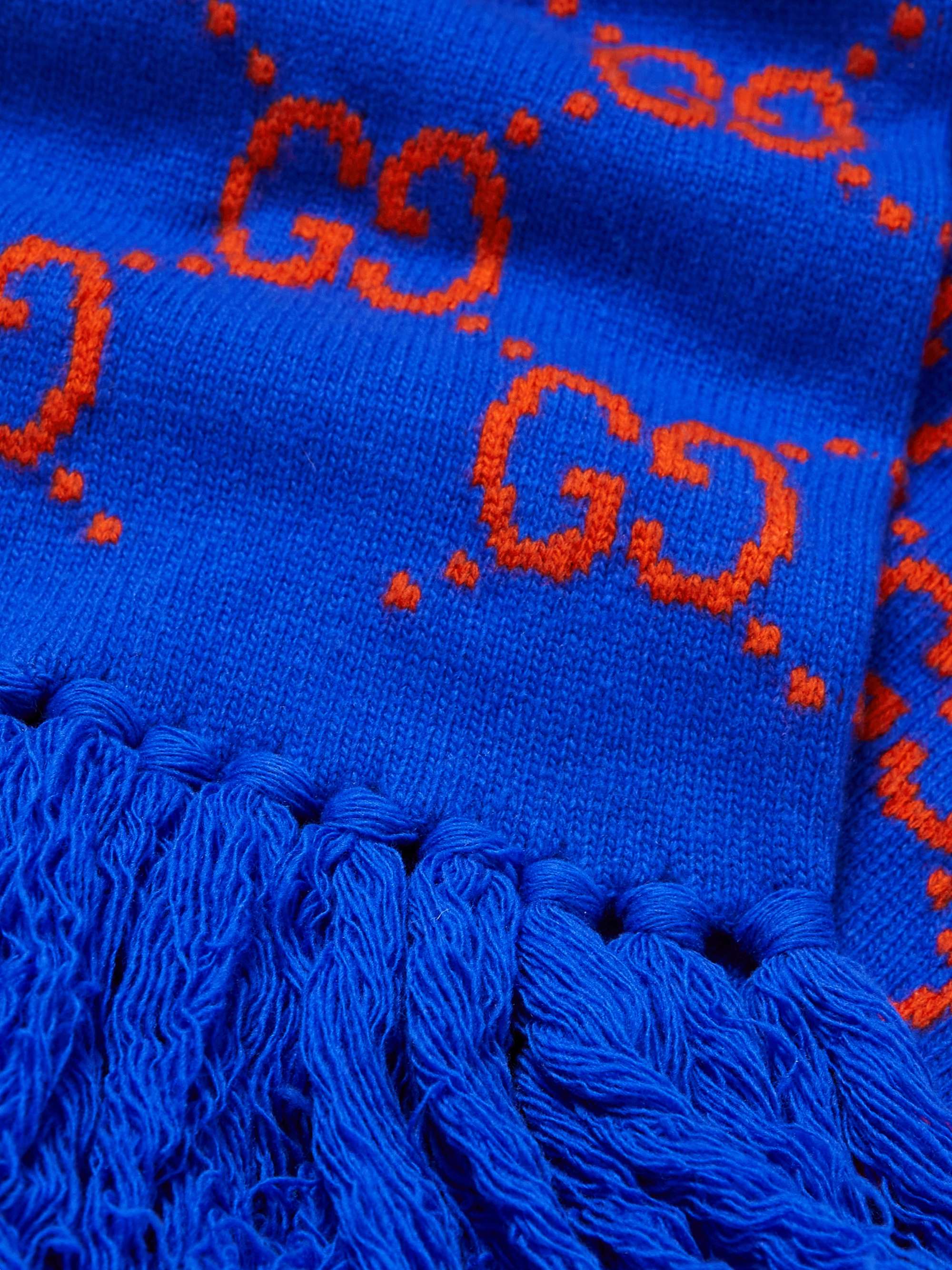 GUCCI Fringed Logo-Intarsia Wool Scarf