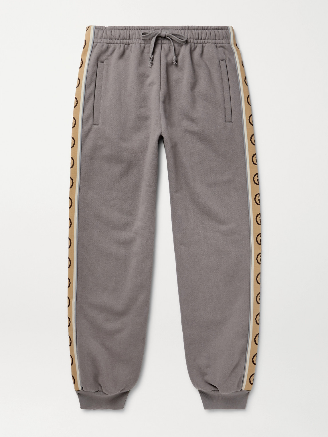 Gucci Tapered Logo-jacquard Webbing-trimmed Loopback Cotton-jersey Sweatpants In Grey