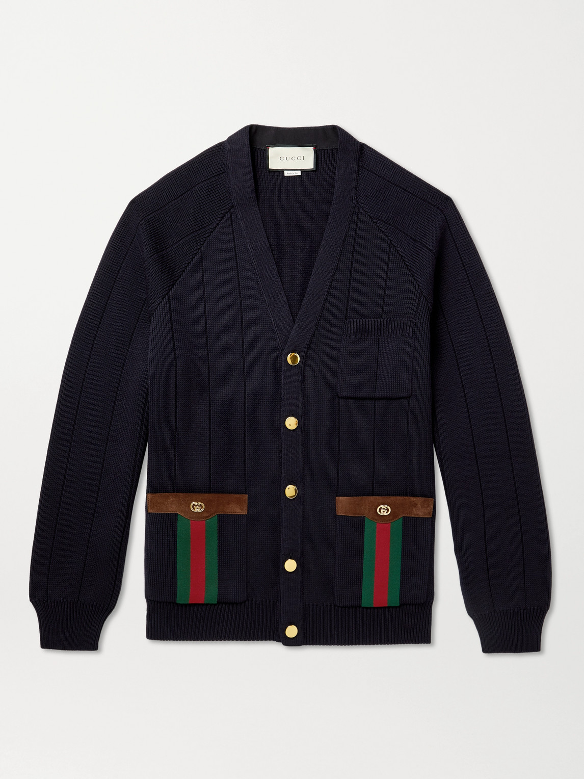 GUCCI HORSEBIT SUEDE AND WEBBING-TRIMMED WOOL-BLEND CARDIGAN