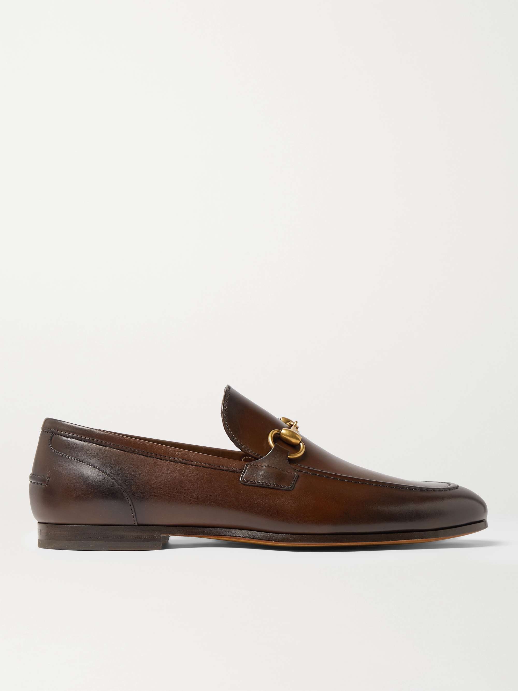 Dark brown Jordaan Horsebit Burnished-Leather Loafers | GUCCI | MR PORTER