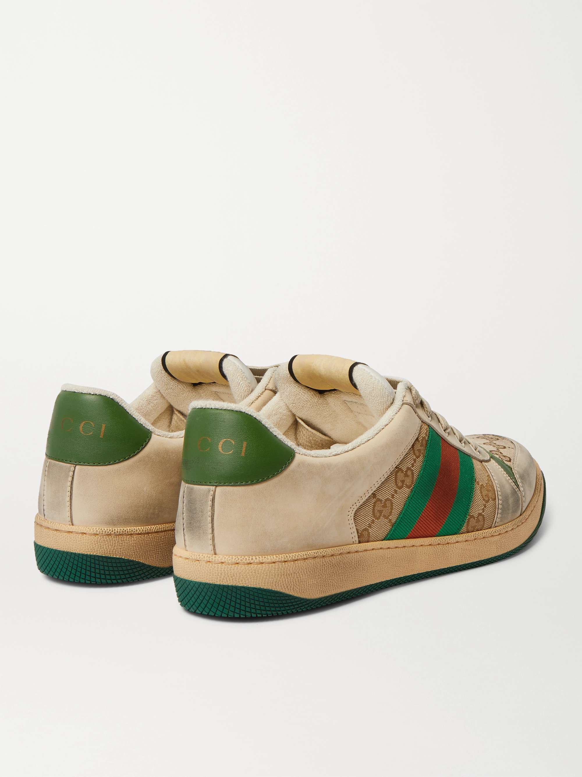 GUCCI Screener Monogrammed Canvas and Webbing-Trimmed Distressed Leather Sneakers