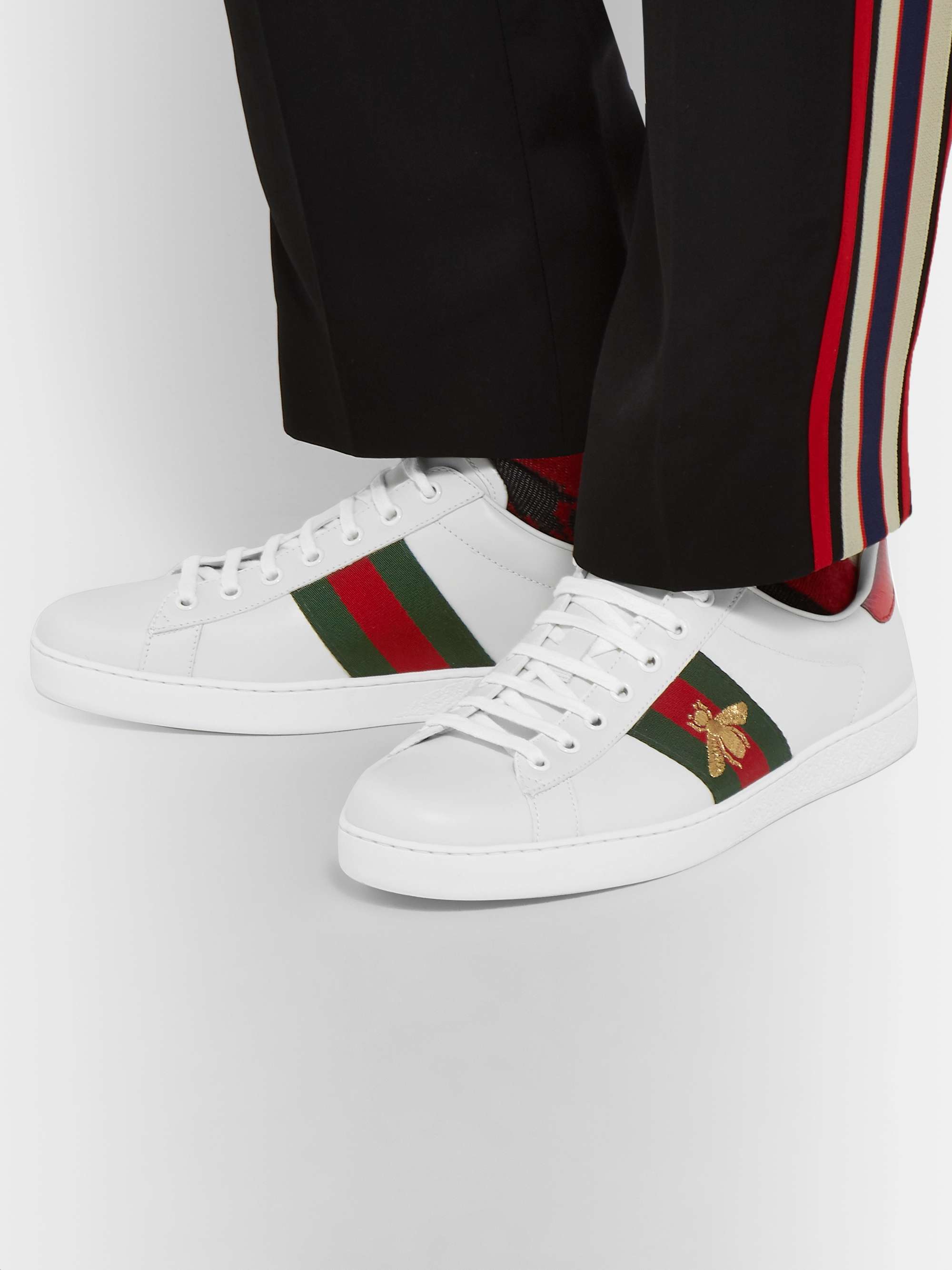 GUCCI Ace Faux Watersnake-Trimmed Embroidered Leather Sneakers