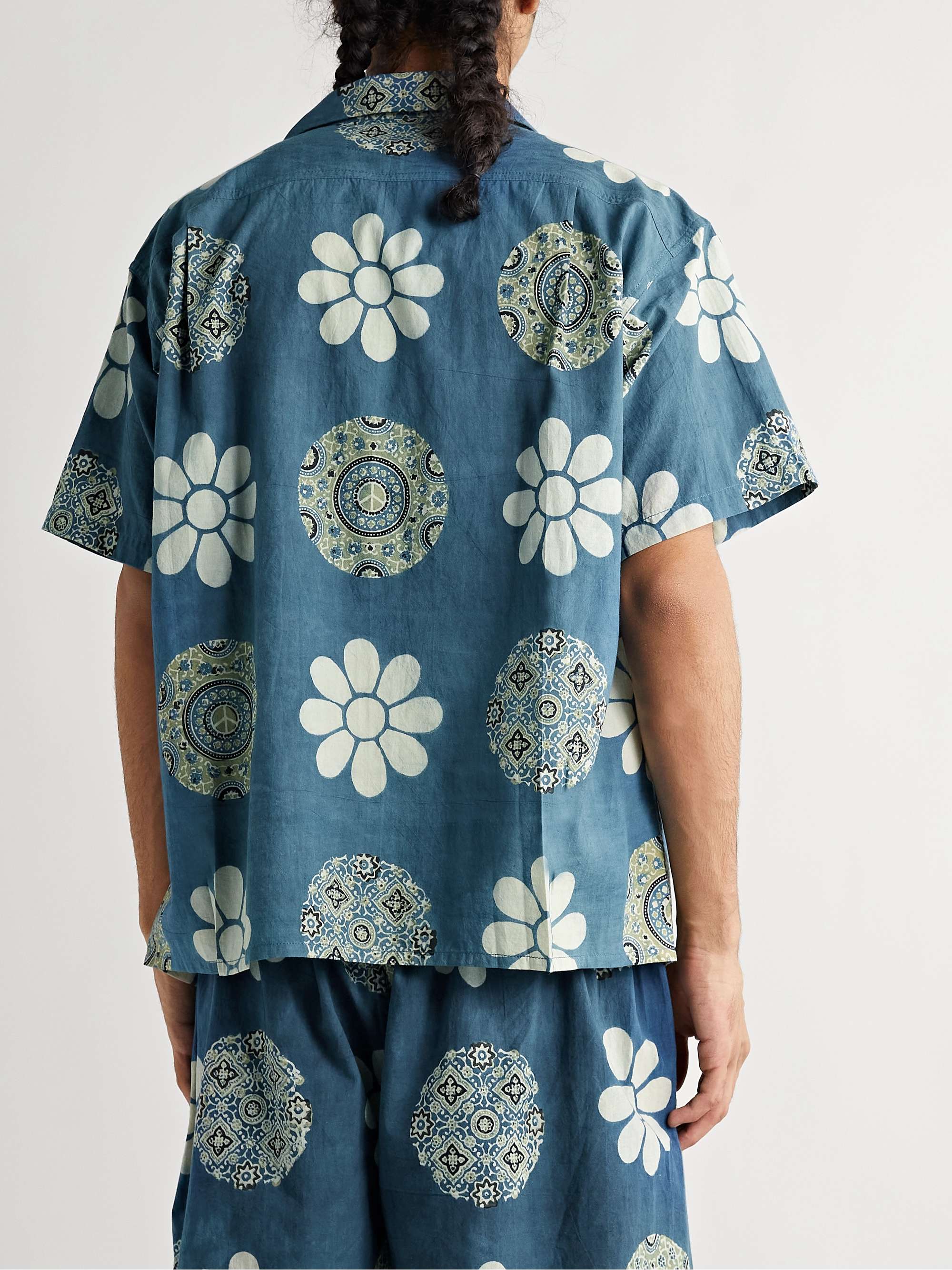 STORY MFG. Shore Convertible-Collar Printed Organic Cotton-Poplin Shirt