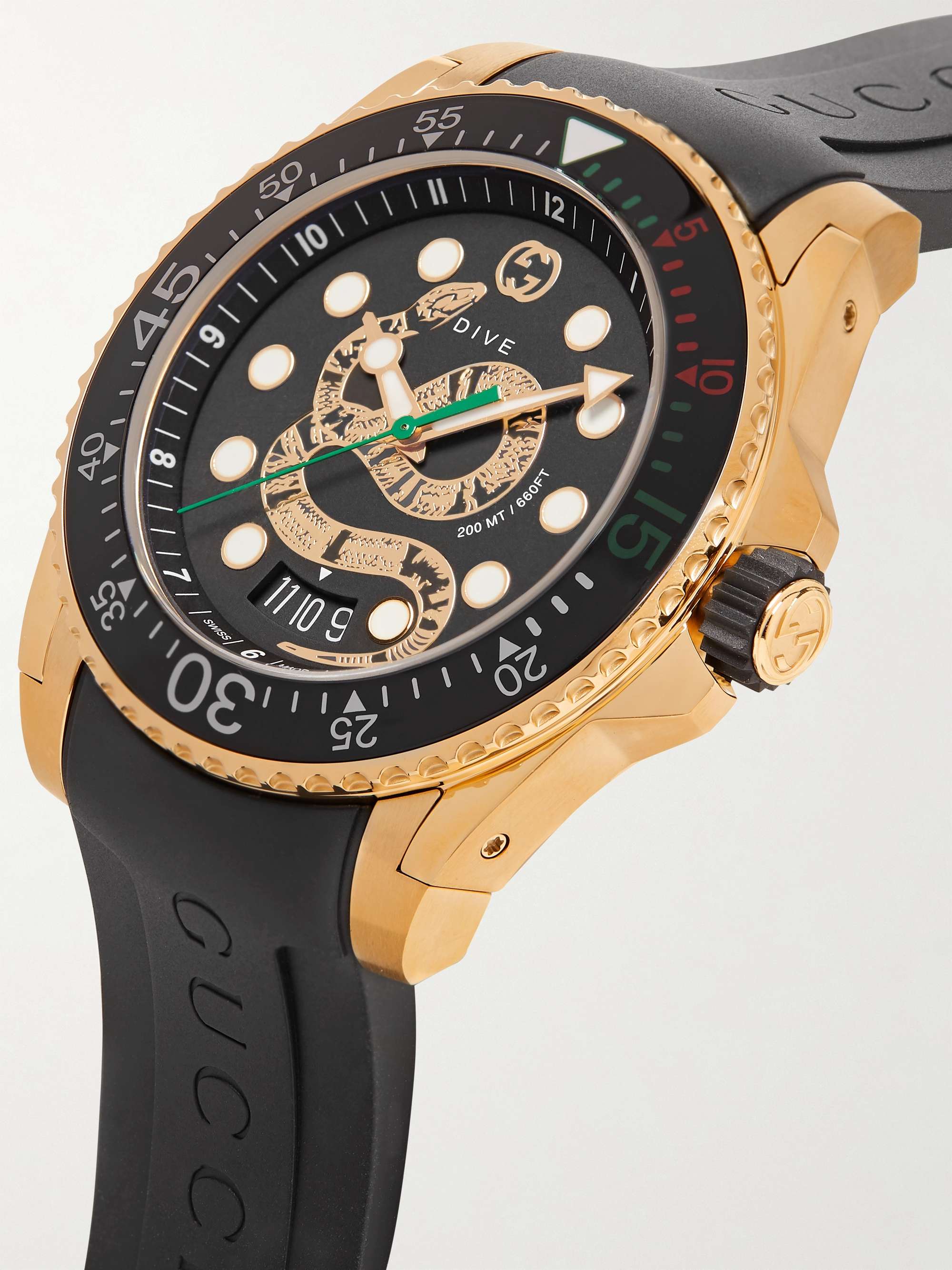 GUCCI Dive 45mm Gold PVD-Coated Watch with Rubber Strap
