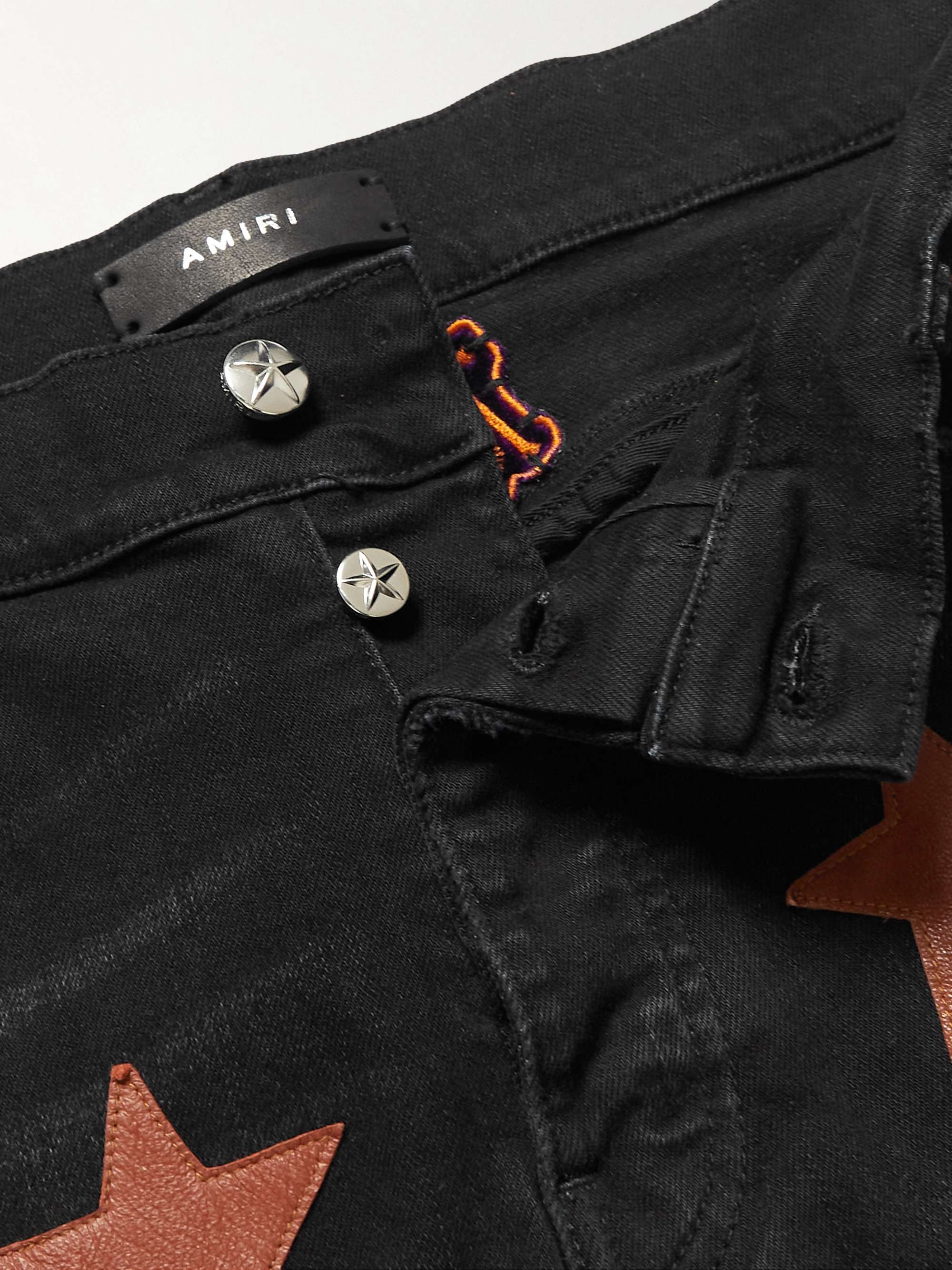 AMIRI + Chemist Skinny-Fit Leather-Appliquéd Distressed Jeans