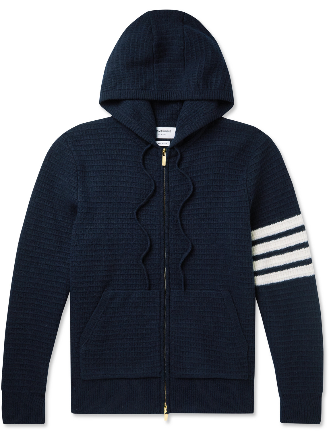 THOM BROWNE STRIPED WAFFLE-KNIT WOOL AND CASHMERE-BLEND ZIP-UP HOODIE