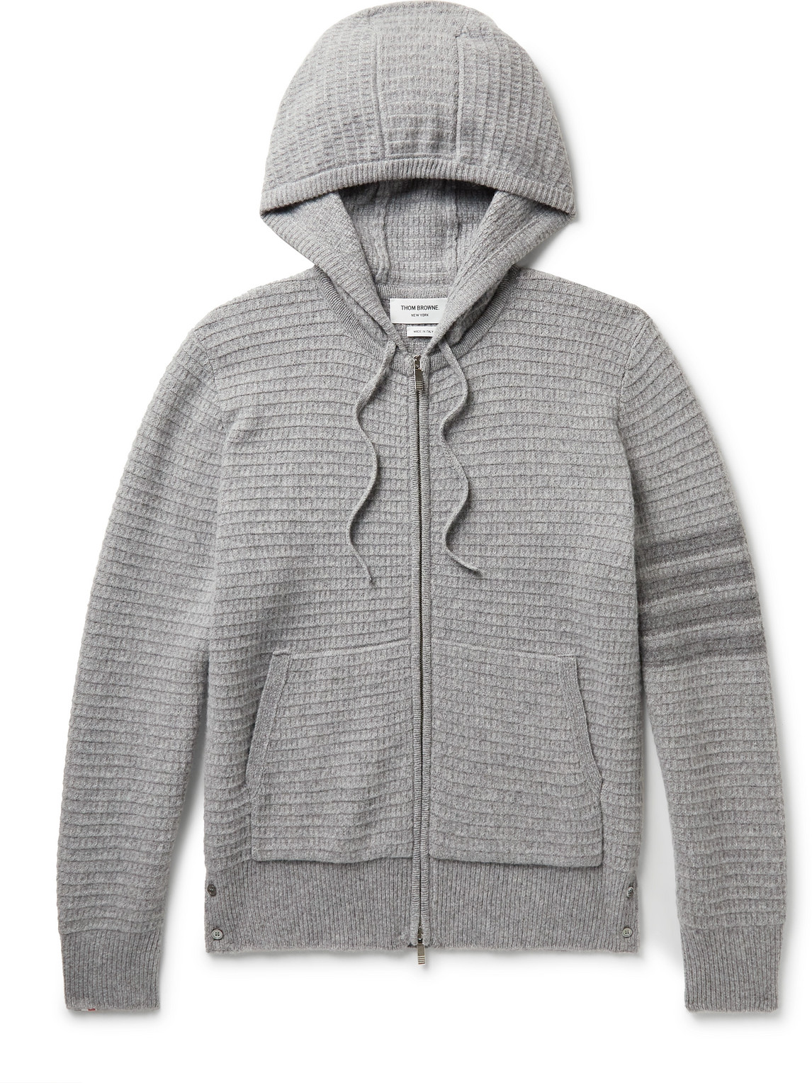 THOM BROWNE STRIPED TEXTURED WOOL AND CASHMERE-BLEND ZIP-UP HOODIE