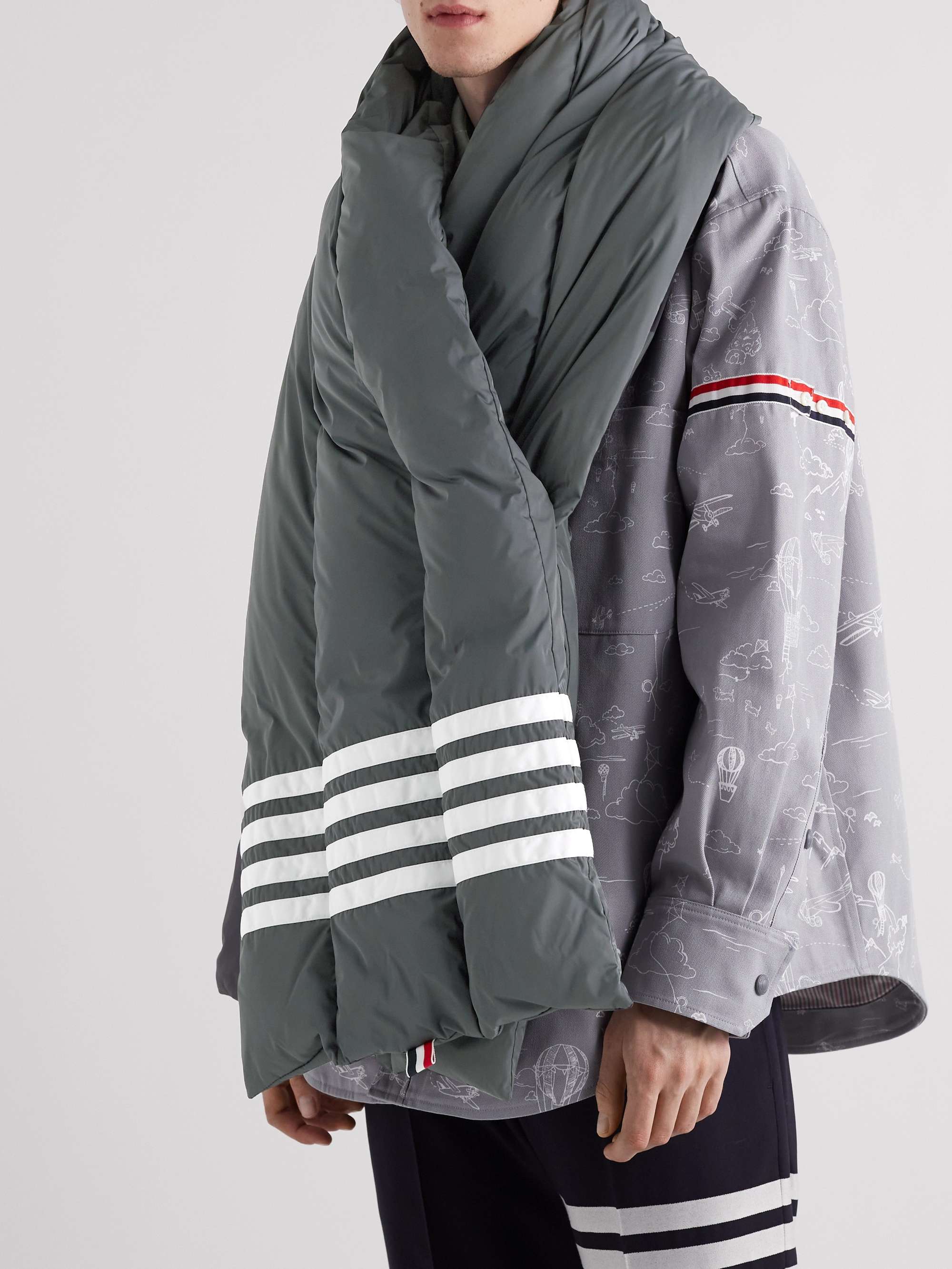 THOM BROWNE Grosgrain-Trimmed Striped Quilted Shell Down Scarf