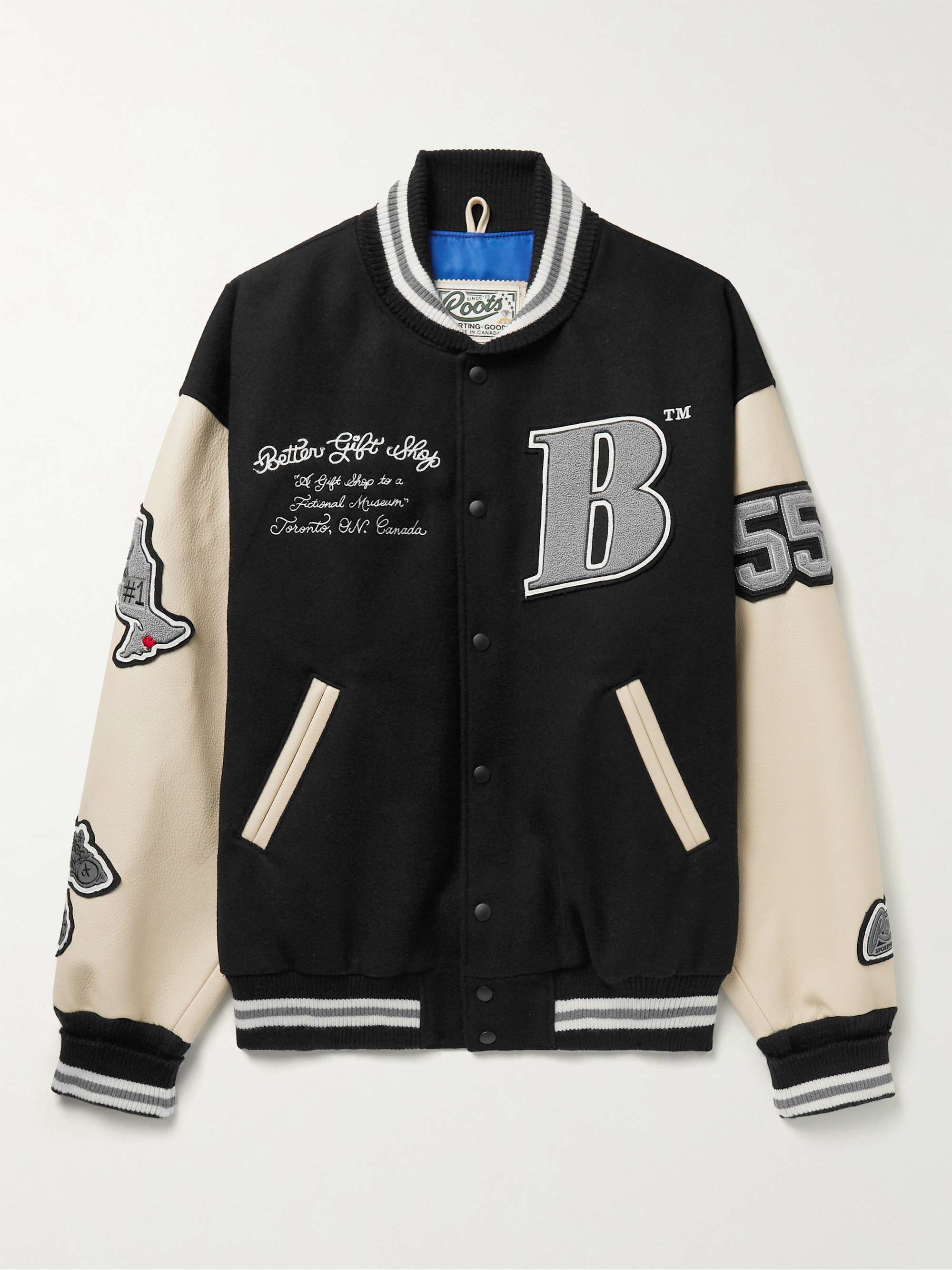 BETTER GIFT SHOP + Roots Embroidered Appliquéd Wool-Blend and Leather Varsity Jacket