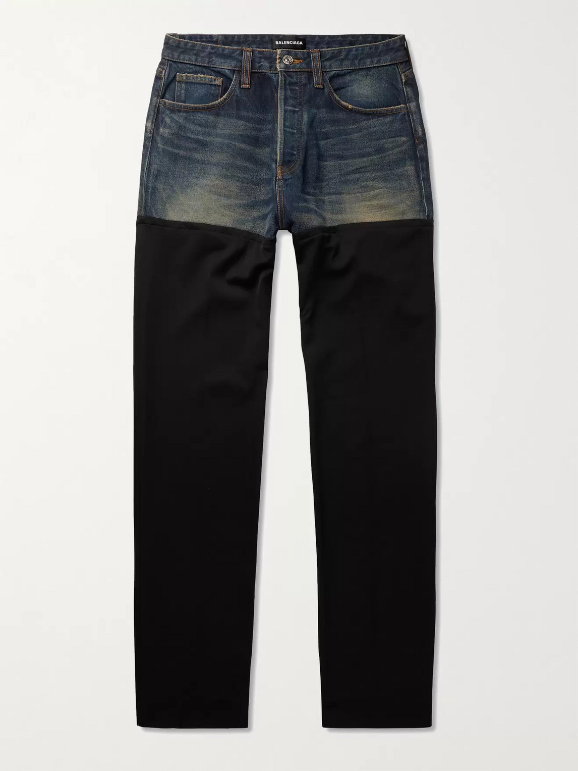 BALENCIAGA DISTRESSED PANELLED DENIM AND WOOL-TWILL JEANS