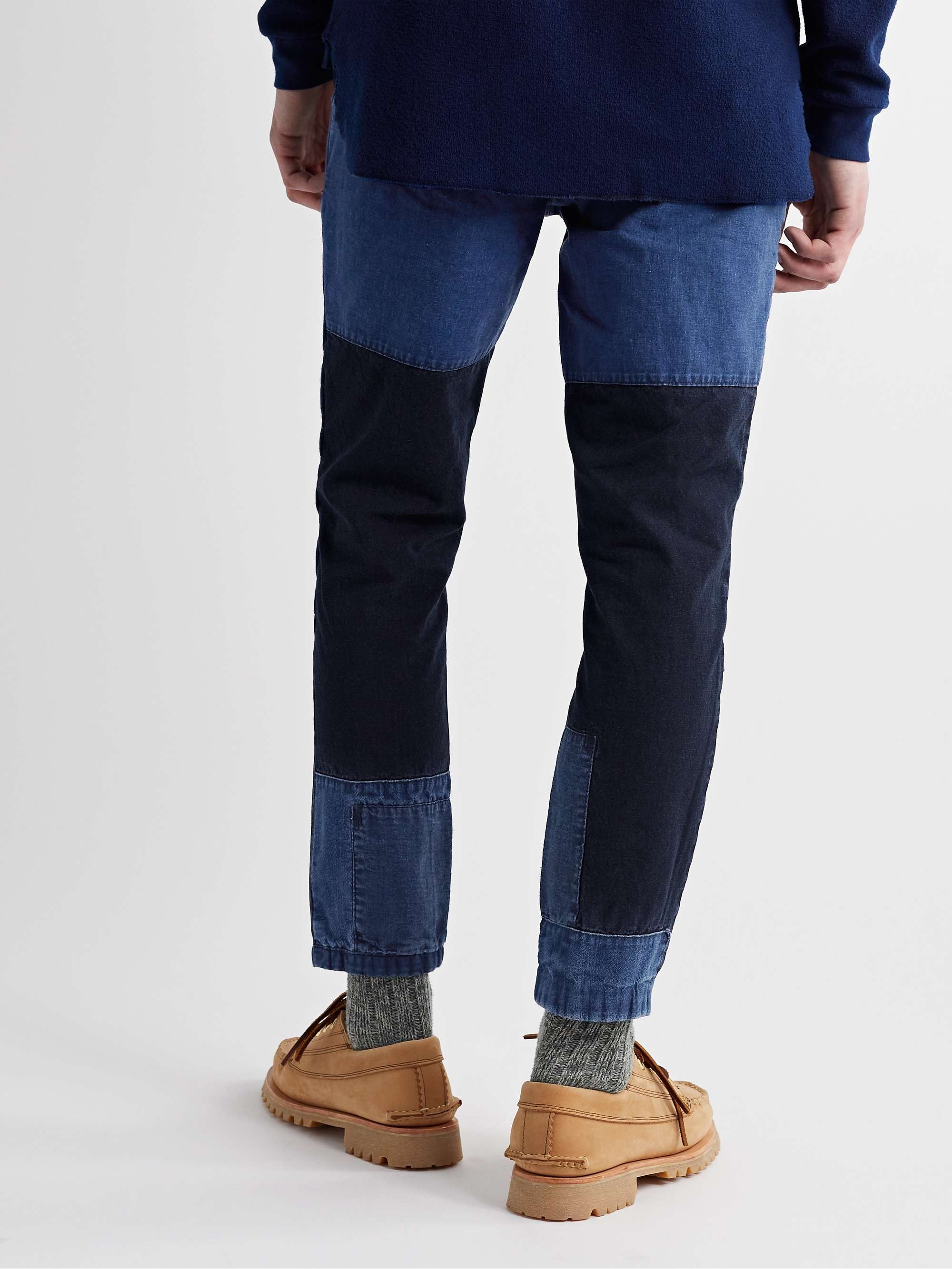 BLUE BLUE JAPAN Cropped Slim-Fit Indigo-Dyed Patchwork Cotton Trousers