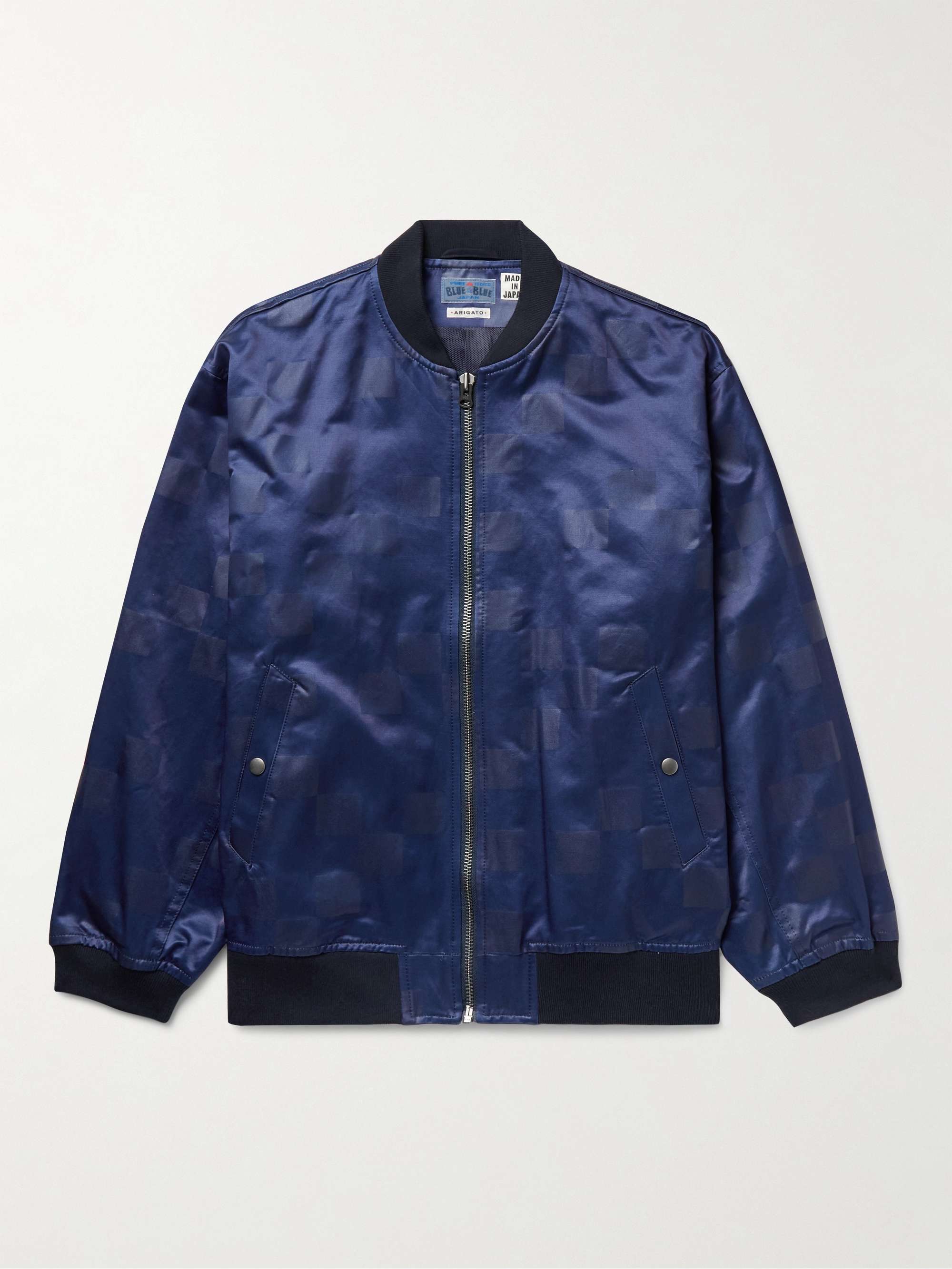 BLUE BLUE JAPAN Indigo-Dyed Checked Cotton-Blend Satin Bomber Jacket
