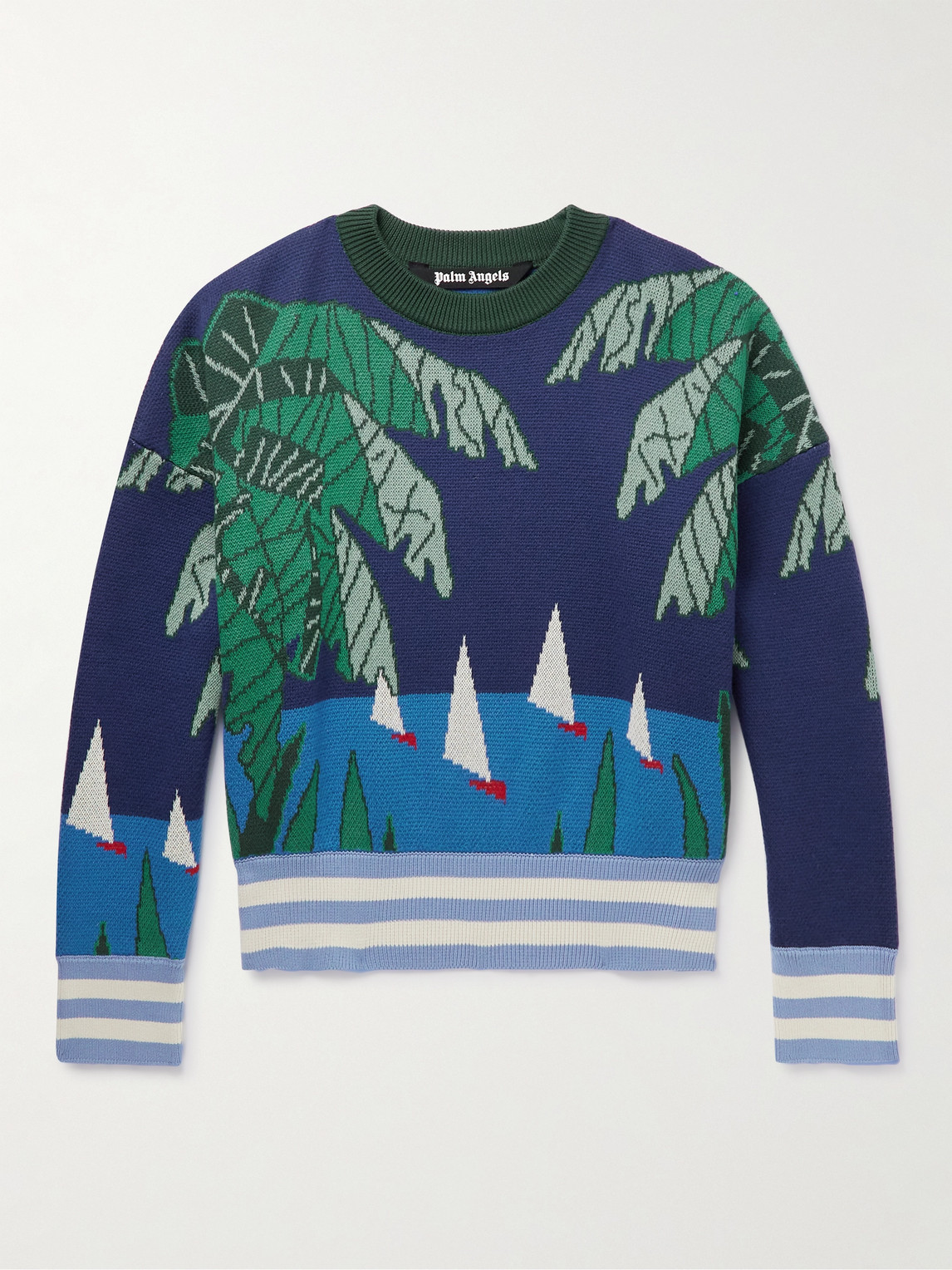 PALM ANGELS CROPPED WOOL-JACQUARD SWEATER