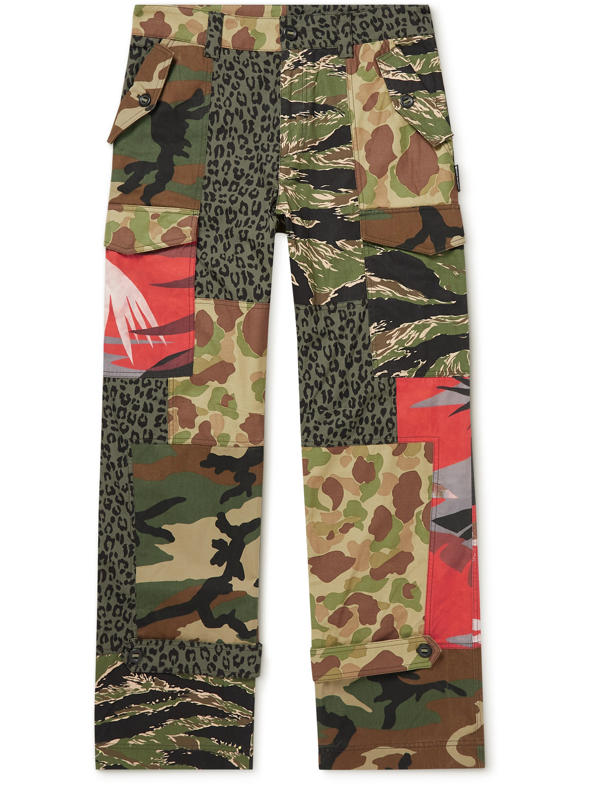 Straight-Leg Patchwork Printed Cotton Cargo Trousers