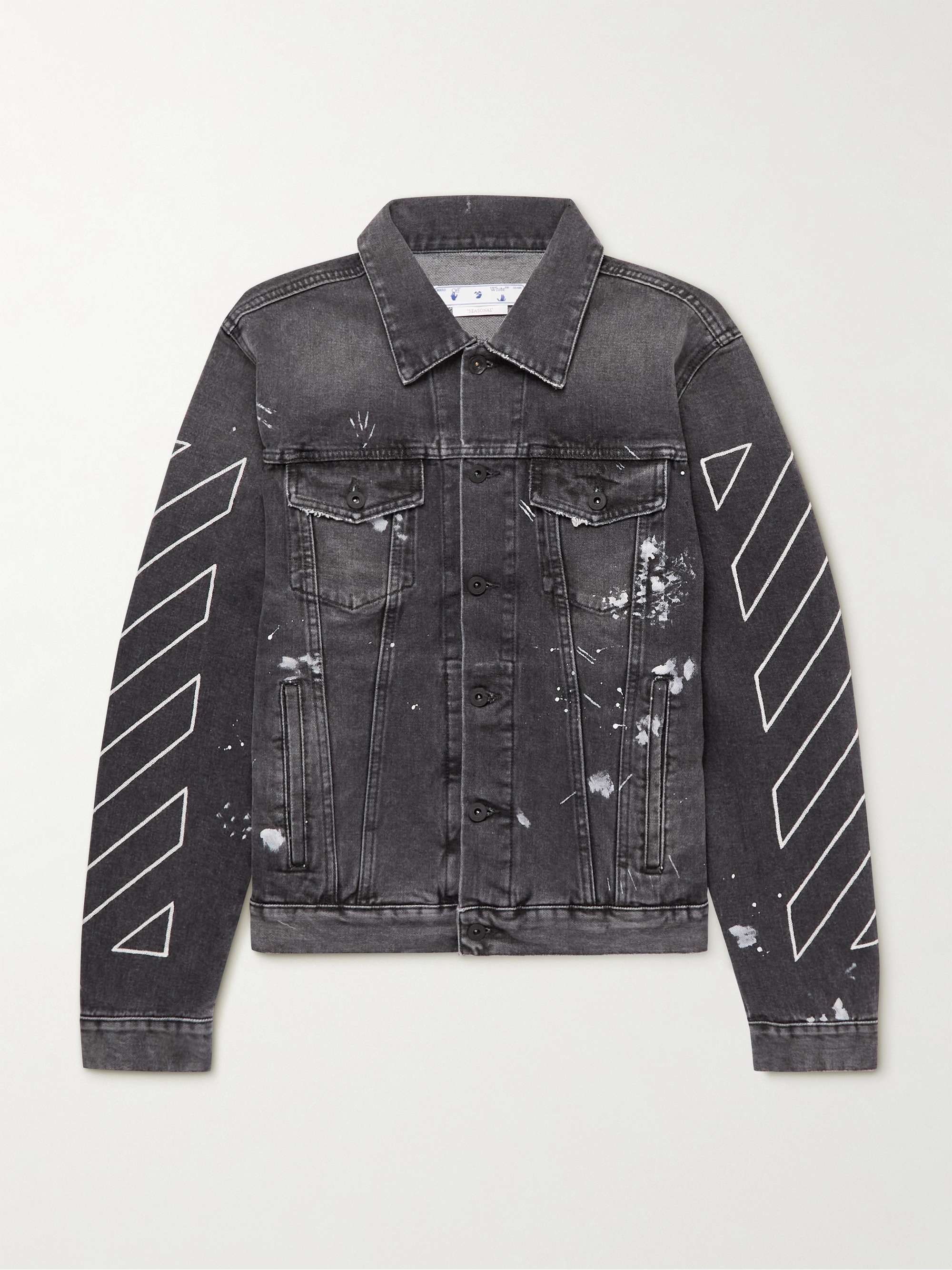 OFF-WHITE Distressed Paint-Splattered Embroidered Denim Jacket