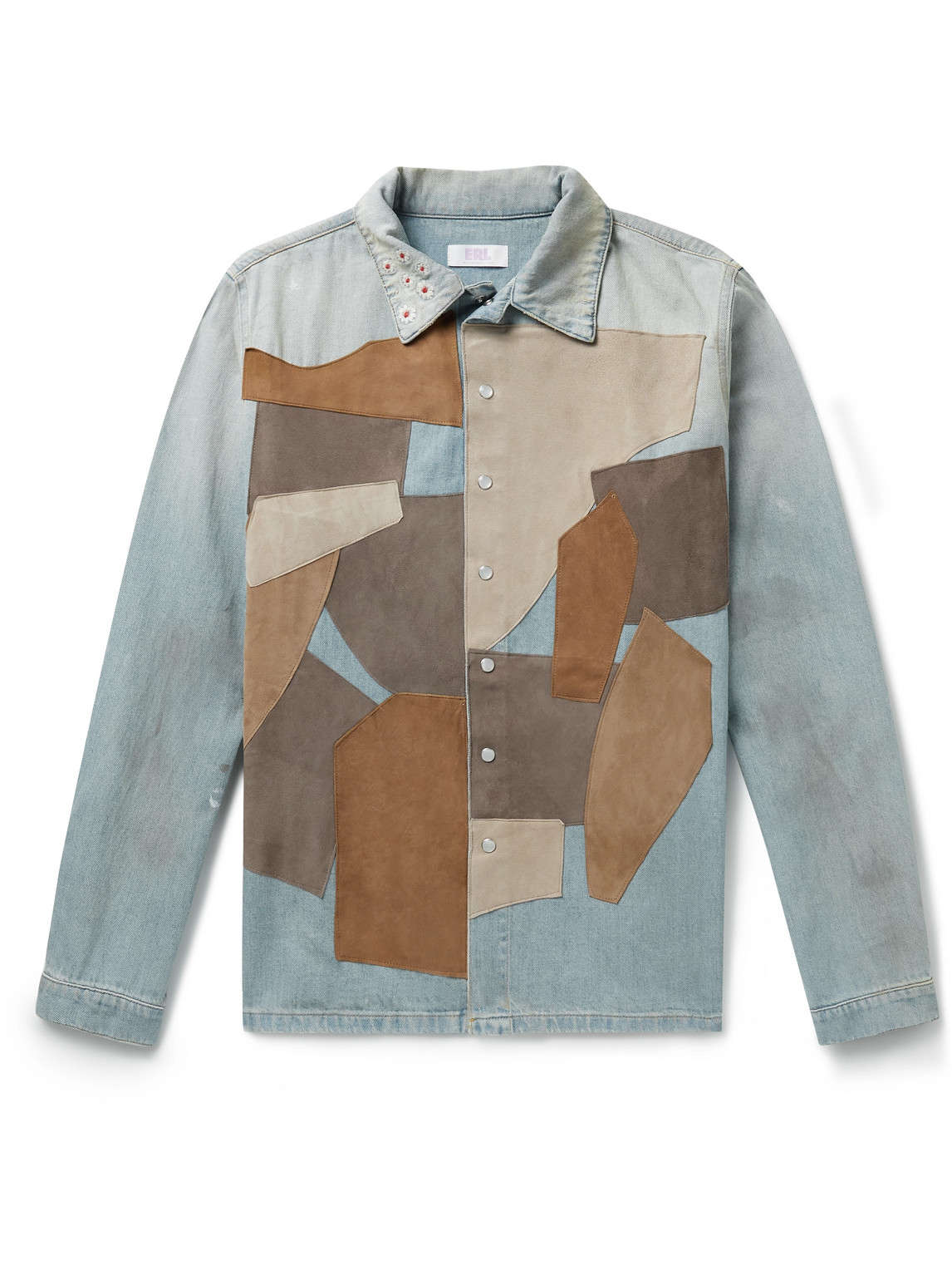ERL Distressed Embroidered Suede-Panelled Denim Shirt