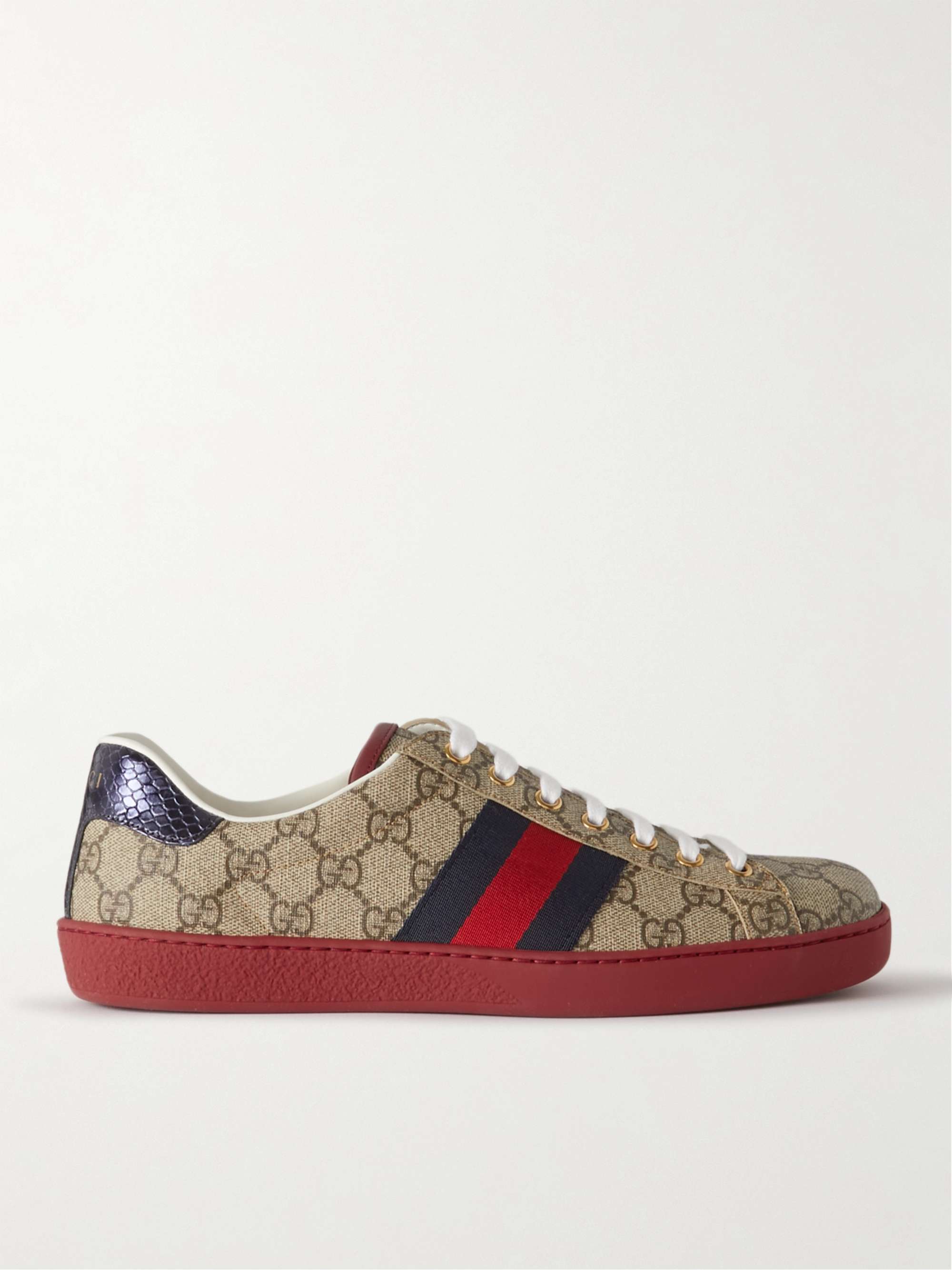 GUCCI Ace Webbing-Trimmed Monogrammed Coated-Canvas Sneakers
