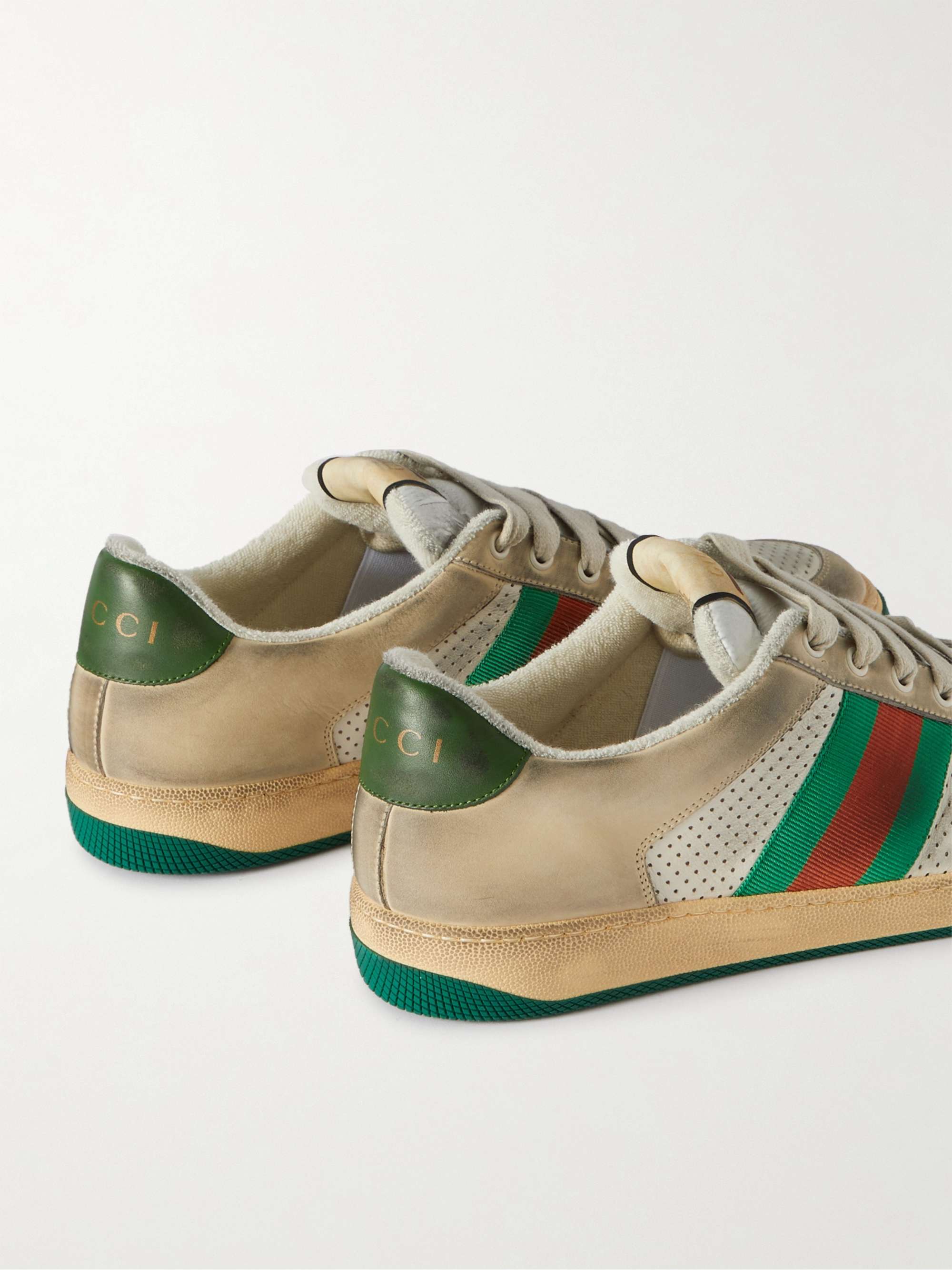 GUCCI Virtus Distressed Leather and Webbing Sneakers
